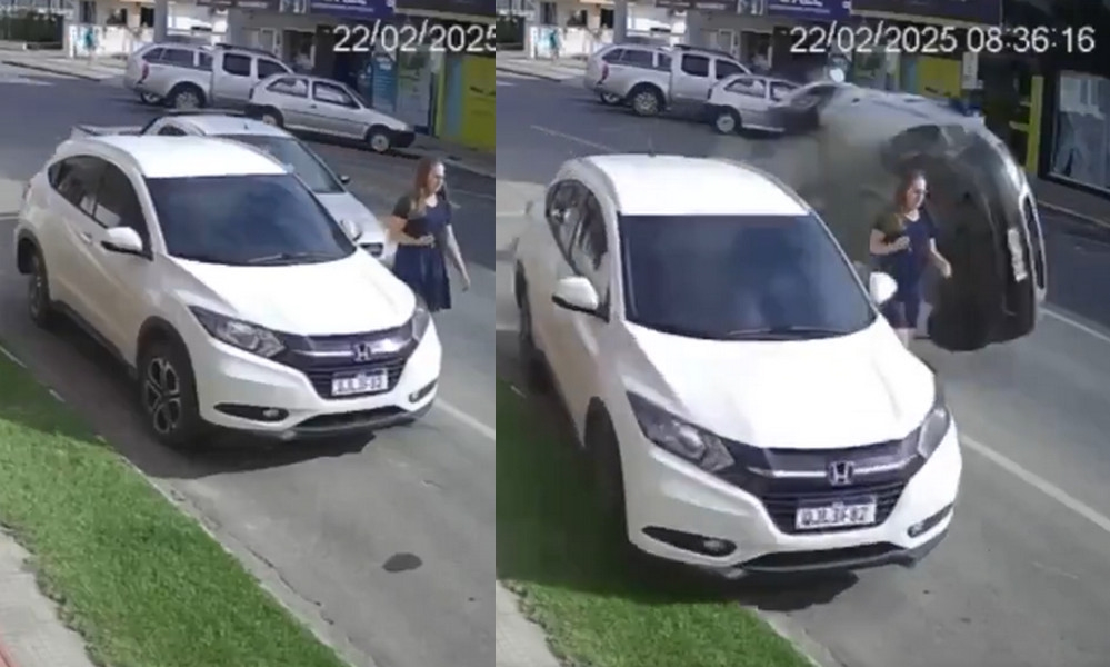 巴西發生一場驚險車禍，女子走在路上險些被後方失控車輛高速撞上。（翻攝X@elorwelliano）