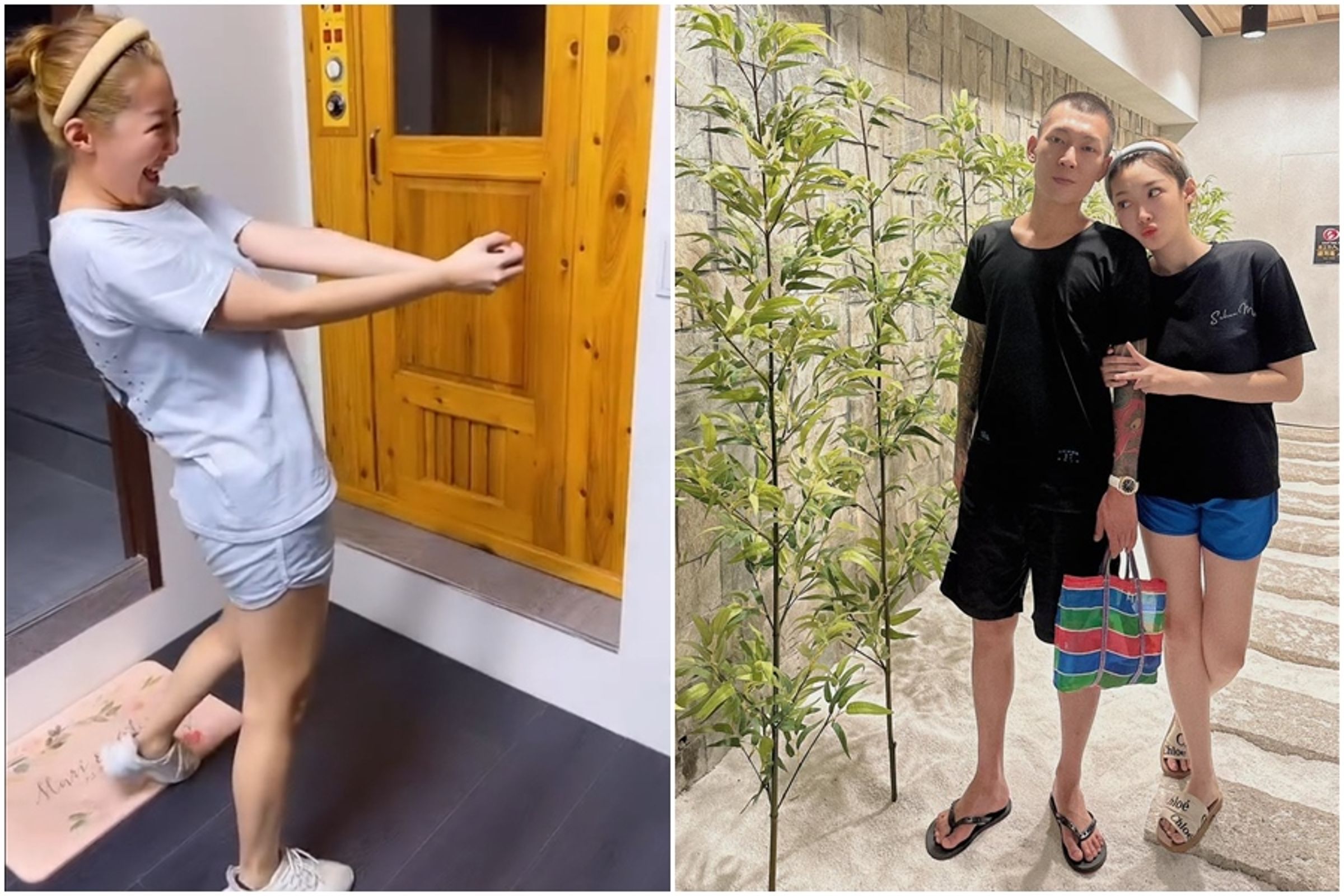 老婆歐菈(左圖)徒手抓蟑螂,鳳梨(右圖左)則是嚇到飆三字經。(翻攝自鳳梨 吳泓逸 臉書)
