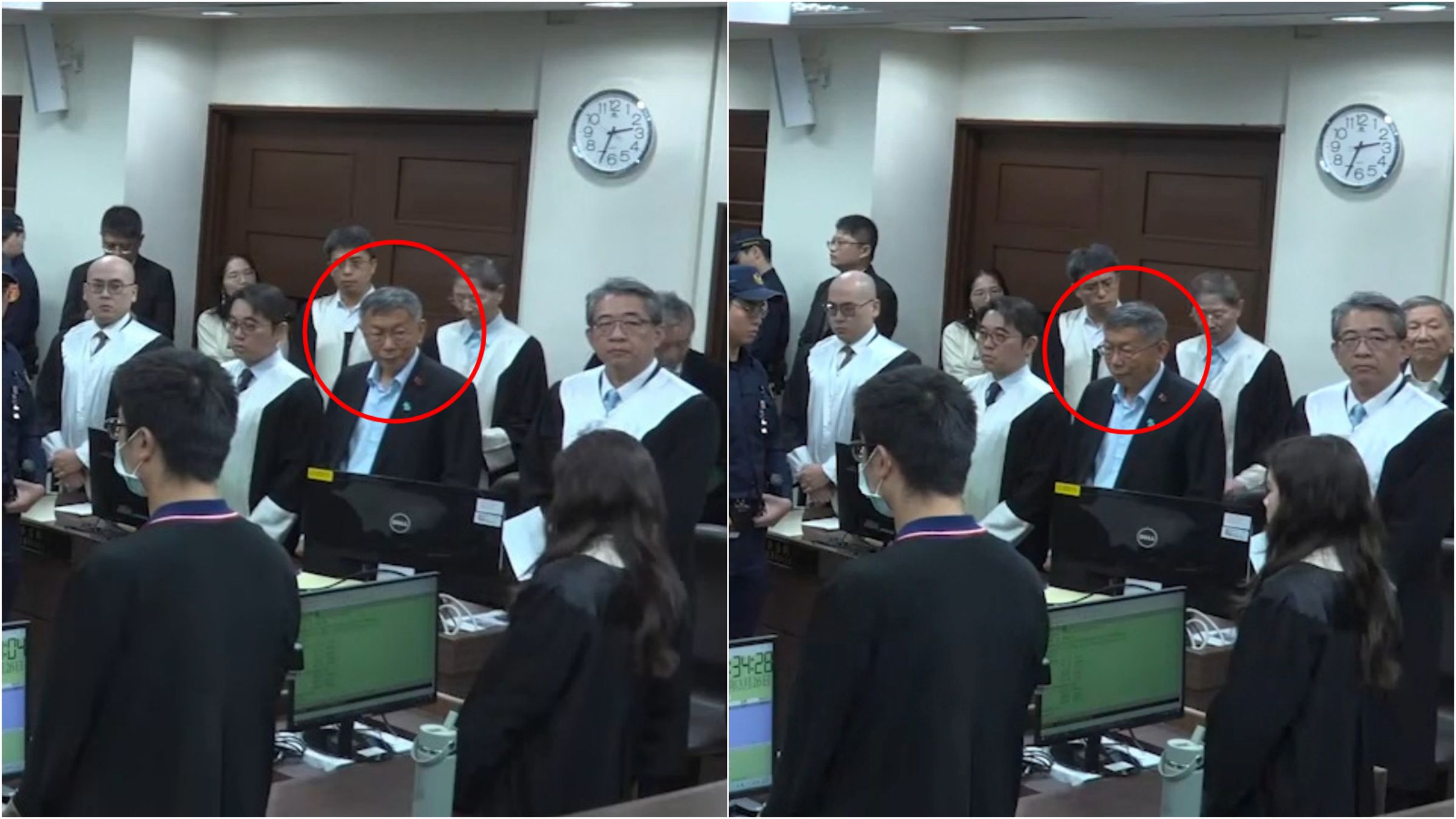柯文哲原本保持微笑,但聽見因違背職務收受賄賂罪遭判刑後,臉色凝重一度愣住。(翻攝「臺北地院刑事科」YT)