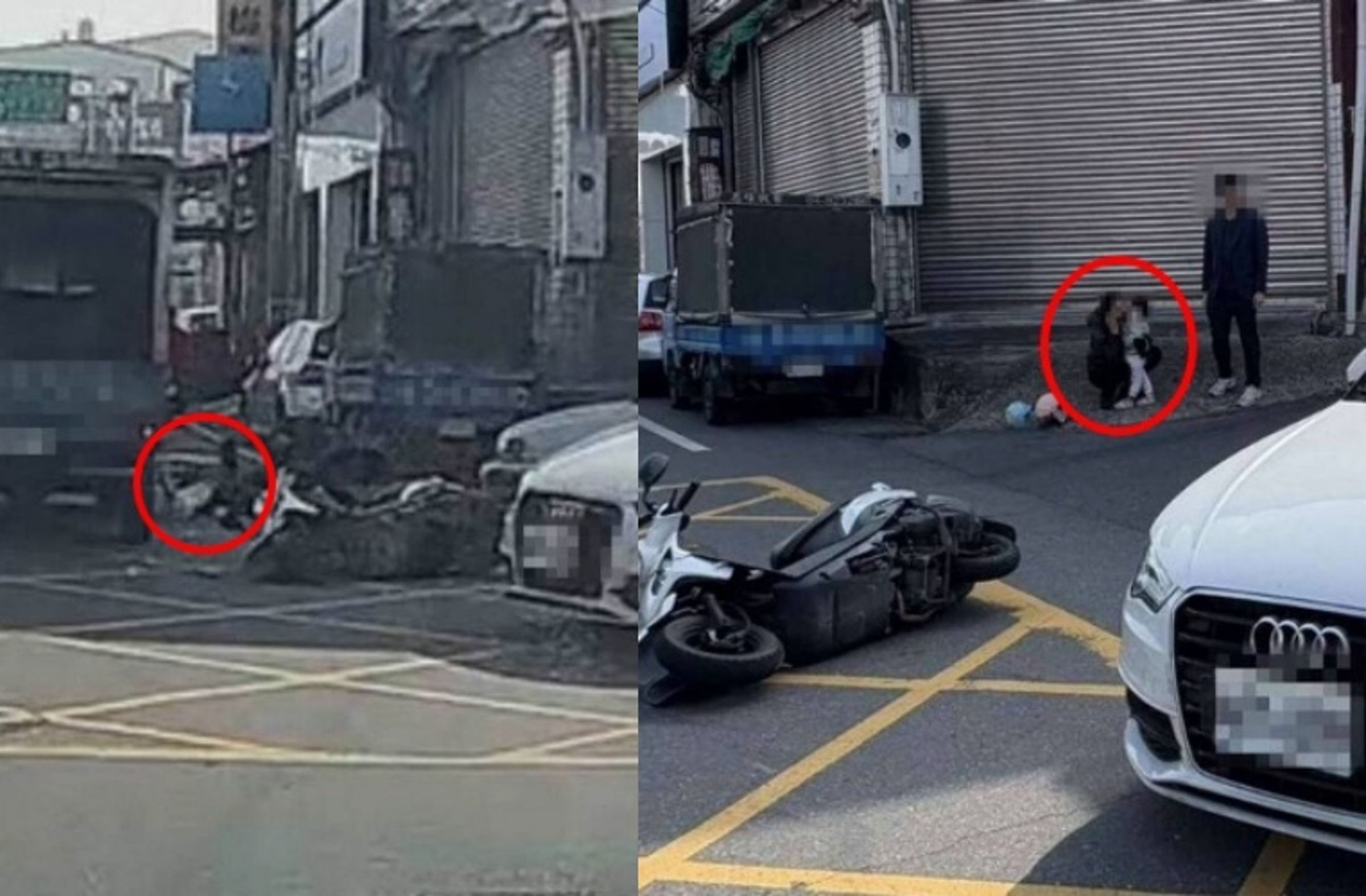 彰化市彰草路與精誠路口發生交通事故，機車女騎士載著2歲女兒遭轎車撞擊噴飛倒地，女兒頭部一度險遭小貨車輾過，所幸媽媽及時將孩子拉回，驚險瞬間全被行車紀錄器拍下。（翻攝畫面）