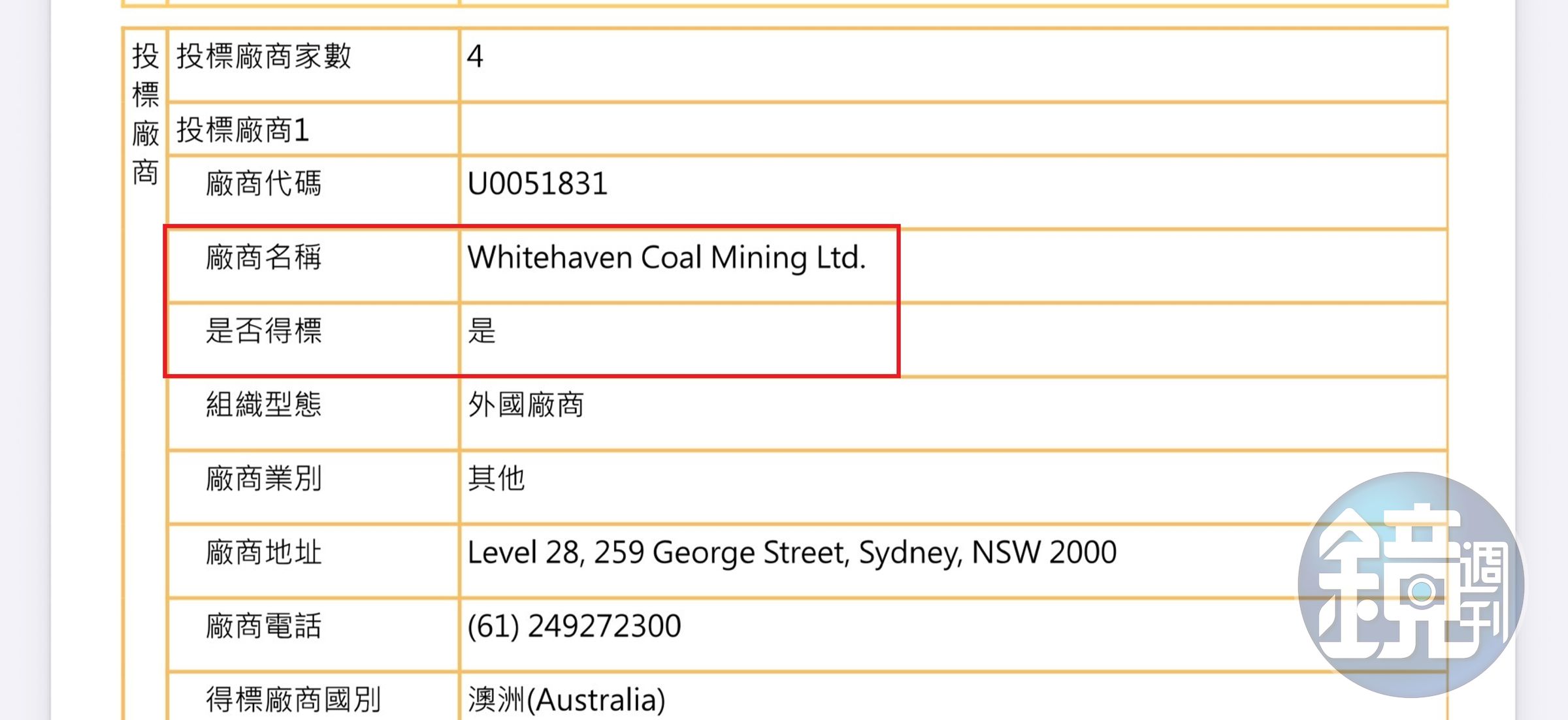 Whitehaven在去年11月28日仍拿到台電標案，圖為決標公告。（讀者提供）