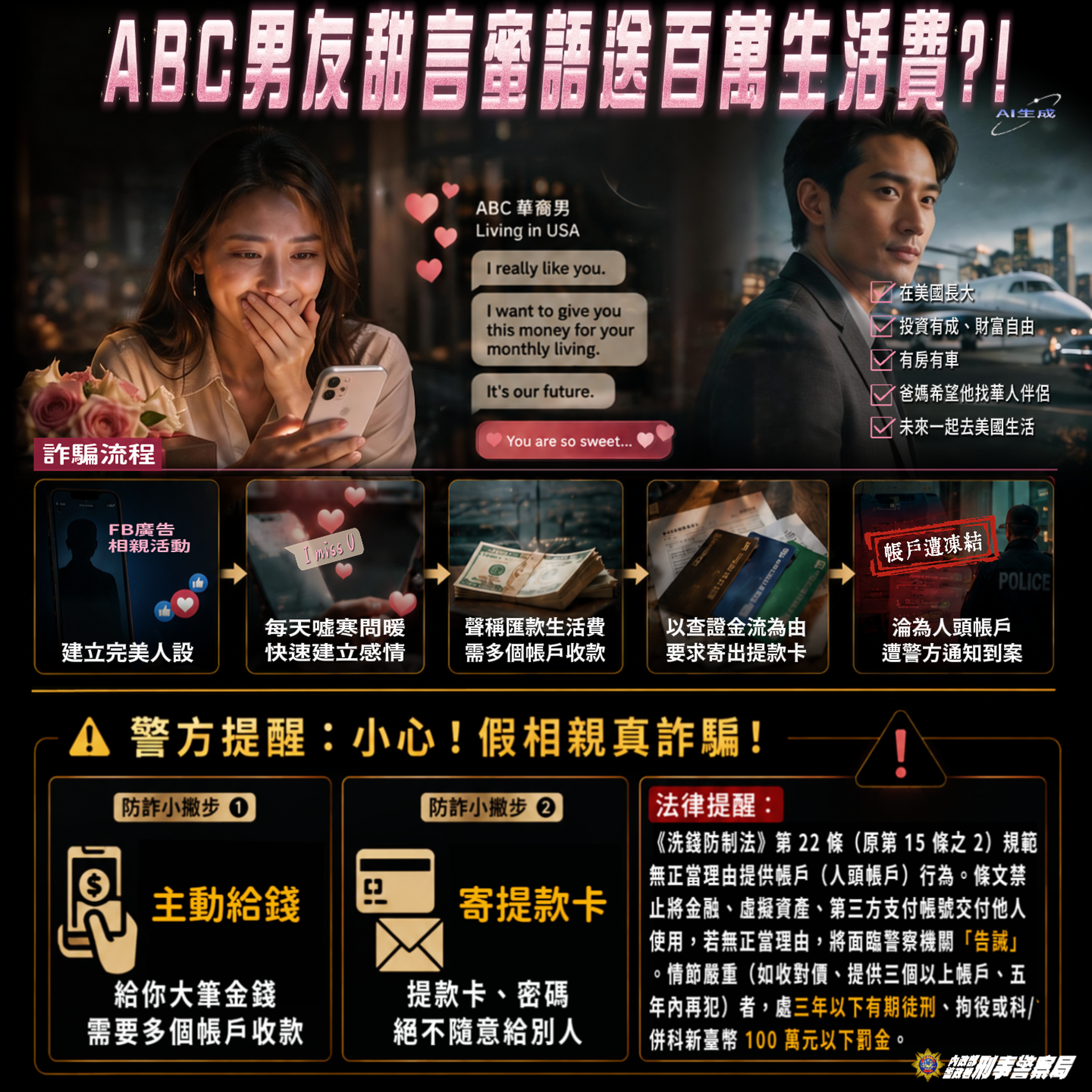 刑事局公布假相親、真詐財宣導圖。