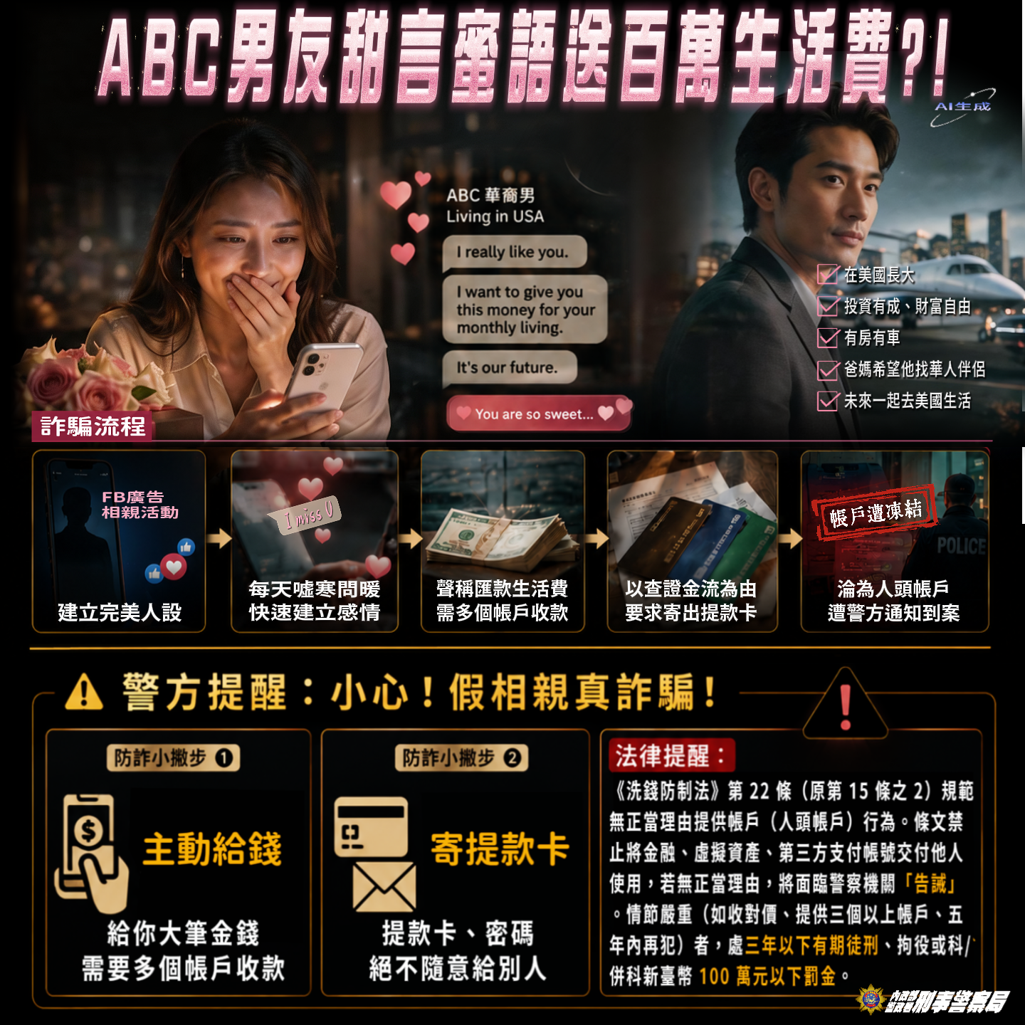 刑事局公布假相親、真詐財宣導圖。