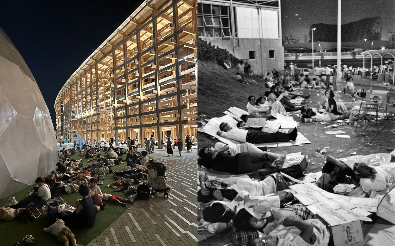 2025大阪關西萬博（左）發生旅客滯留會場過夜的事件，沒想到早在55年的大阪萬博（右）就有前例。（翻攝自X @yusuke_trumpman/@MIC2005）