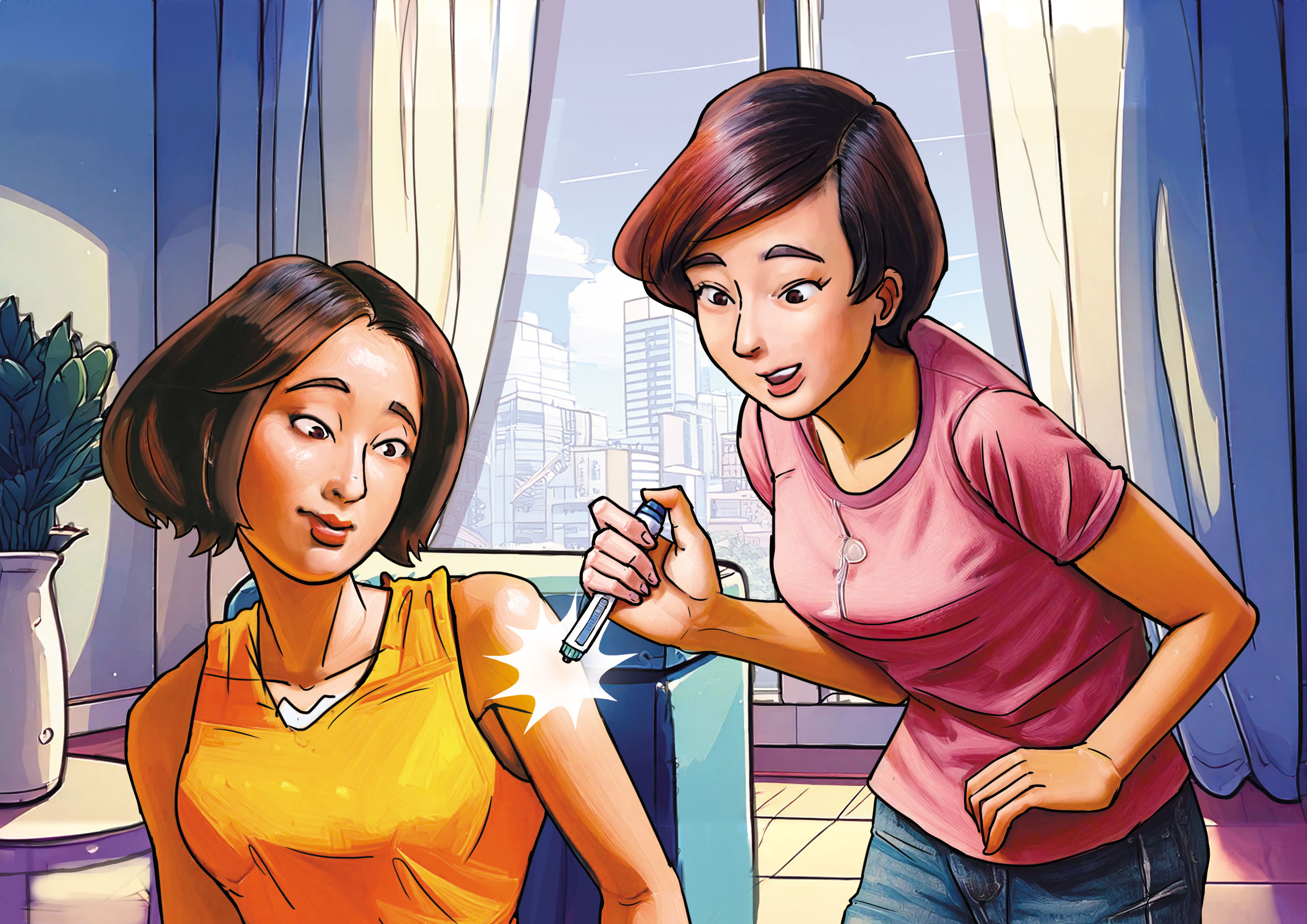 曾任護理師的陳韋君（右）遭控幫粉絲（左）打瘦瘦針、肉毒桿菌牟利。（AI繪圖Adobe Firefly生成，本刊美術組後製）