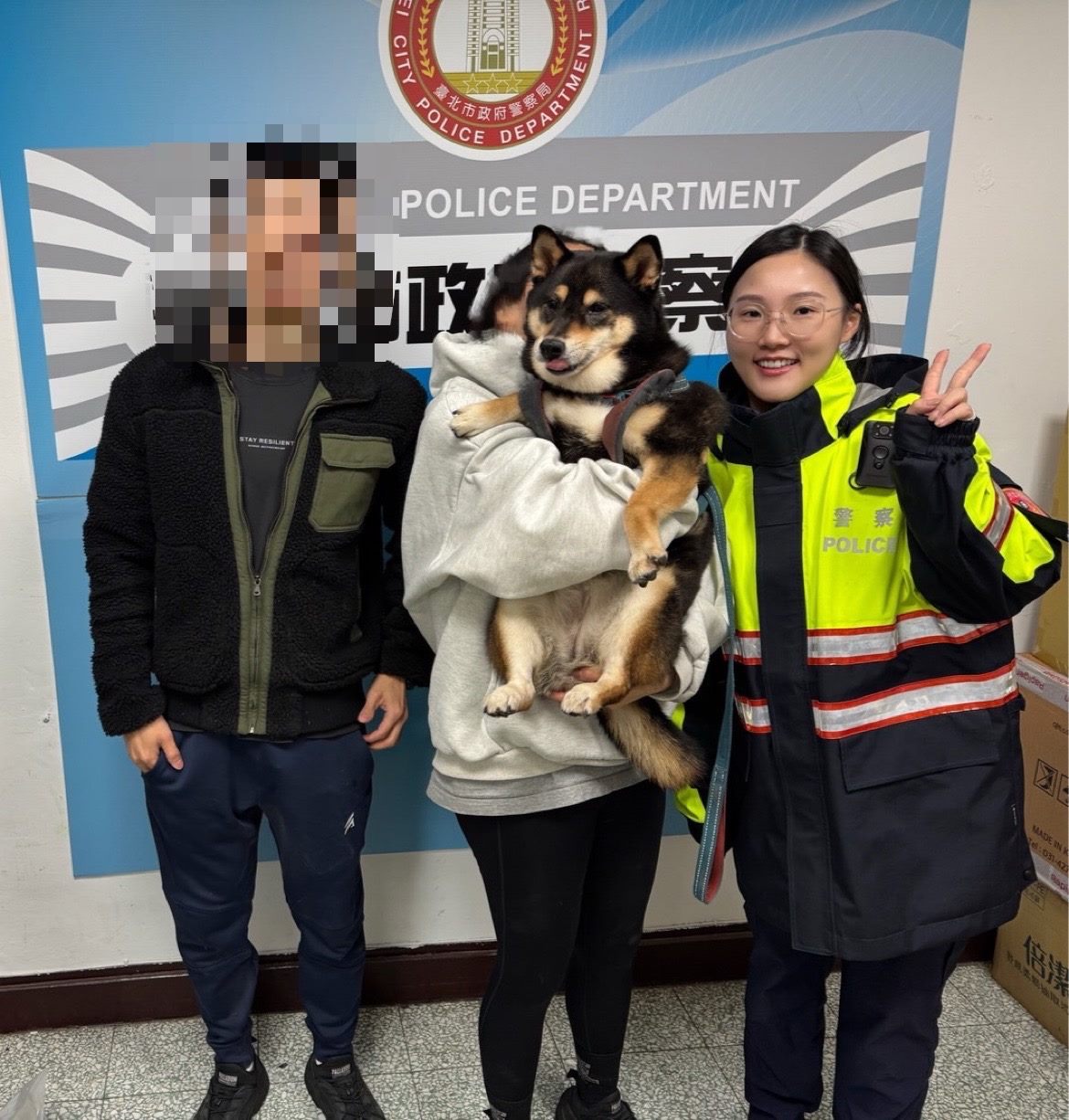 迷路的黑柴因為有晶片成功聯絡到飼主。(北投分局提供)