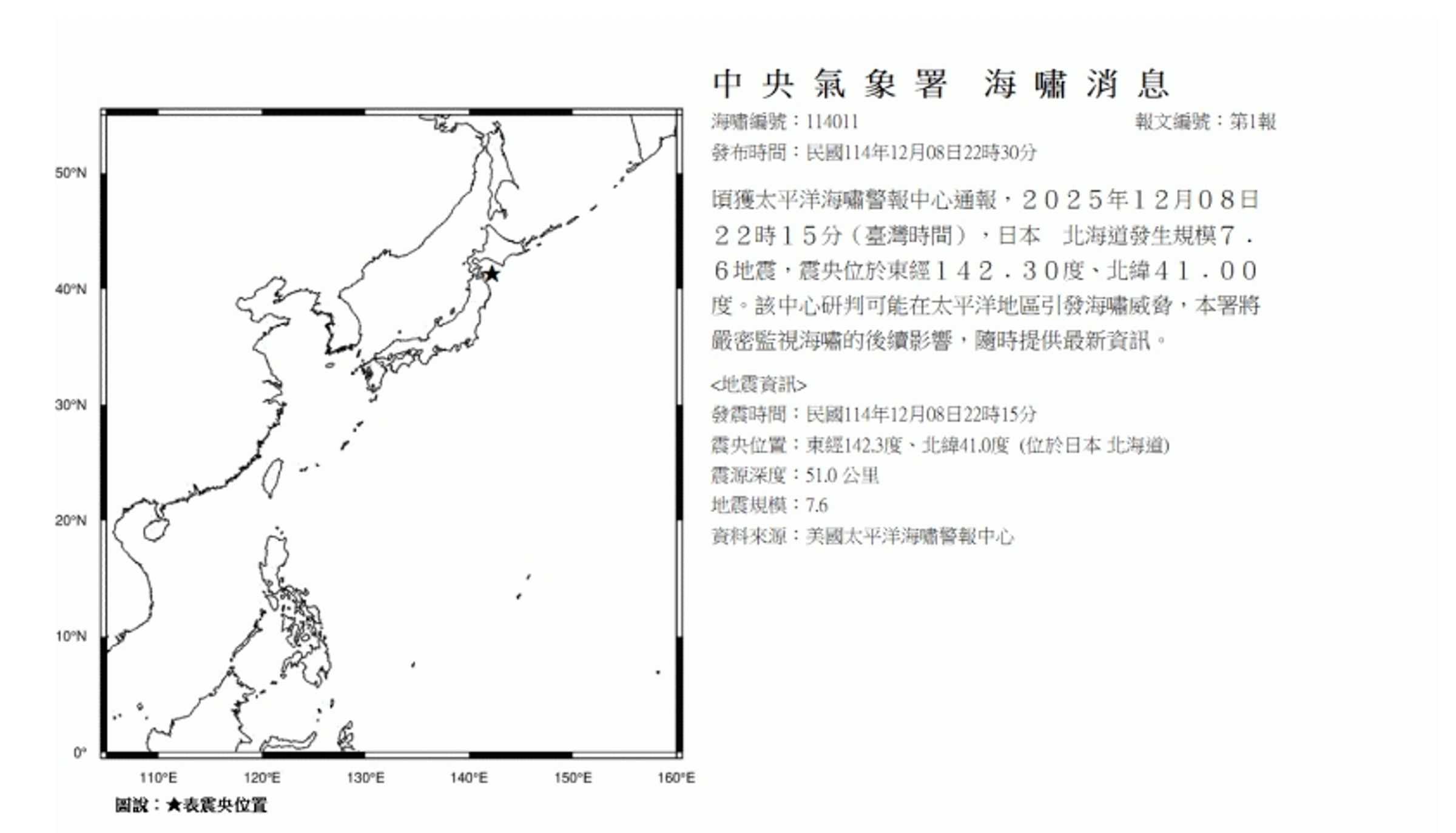 日本規模7.6強震，台灣氣象署發布「海嘯消息」。（翻攝自氣象署官網）