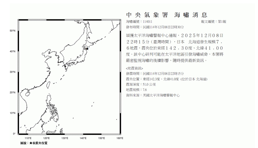 日本規模7.6強震，台灣氣象署發布「海嘯消息」。（翻攝自氣象署官網）