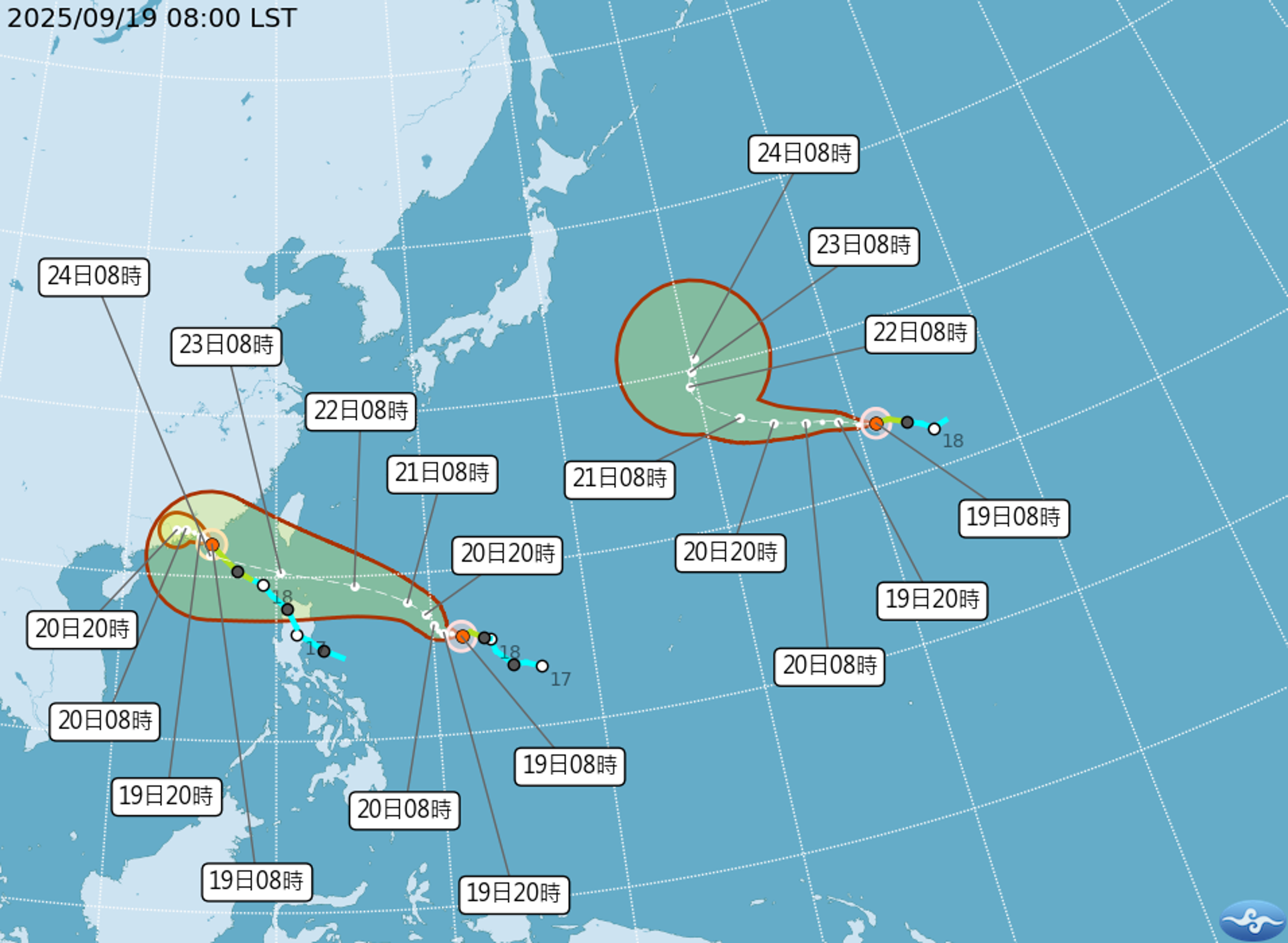 台灣附近3個颱風最新路徑圖。(翻攝氣象署官網)