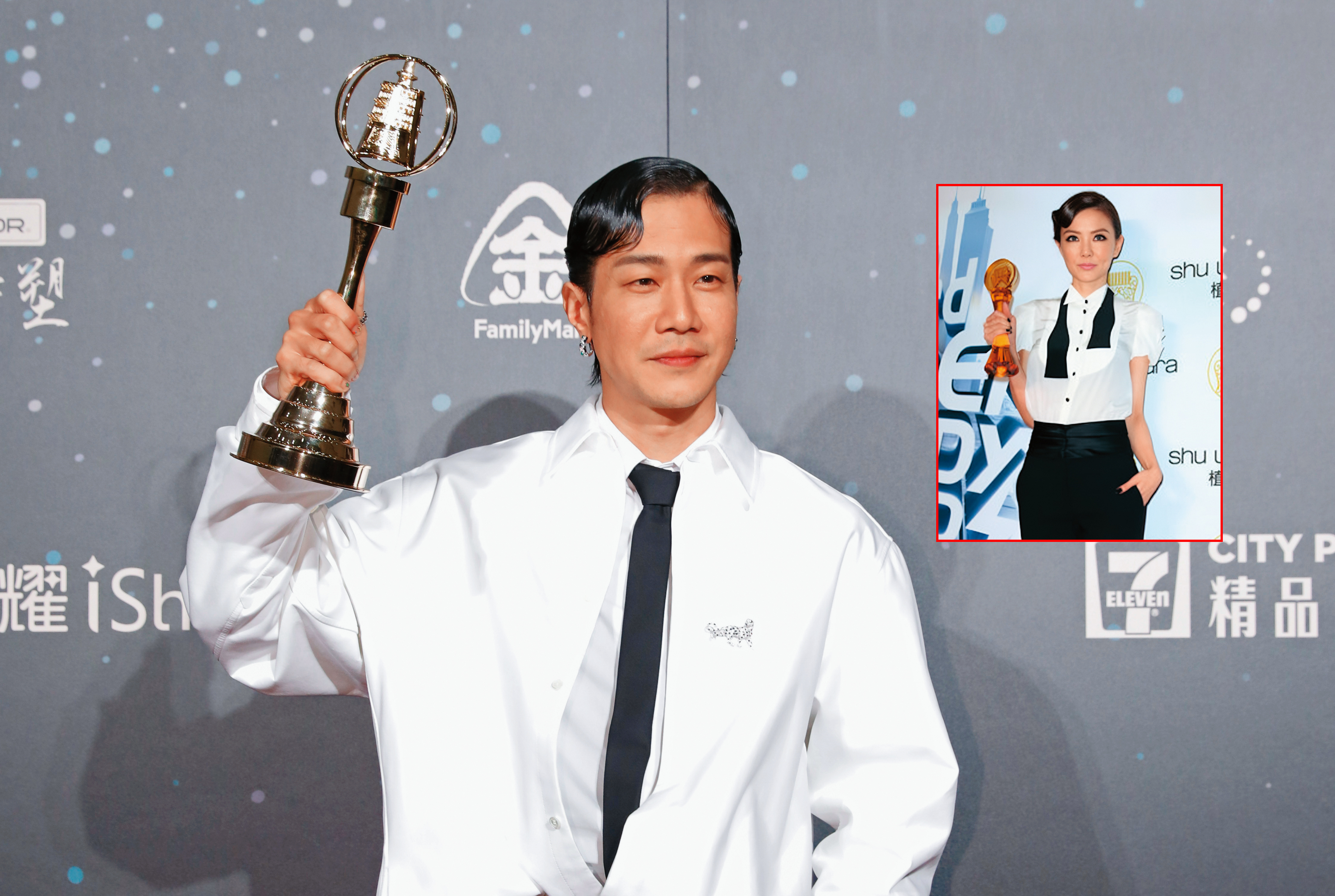 薛仕凌（左圖）得獎，謝金燕（右圖）驚呼是失散多年的弟弟。♪卡卡的咚吱咚吱…叫我姐姐～♪