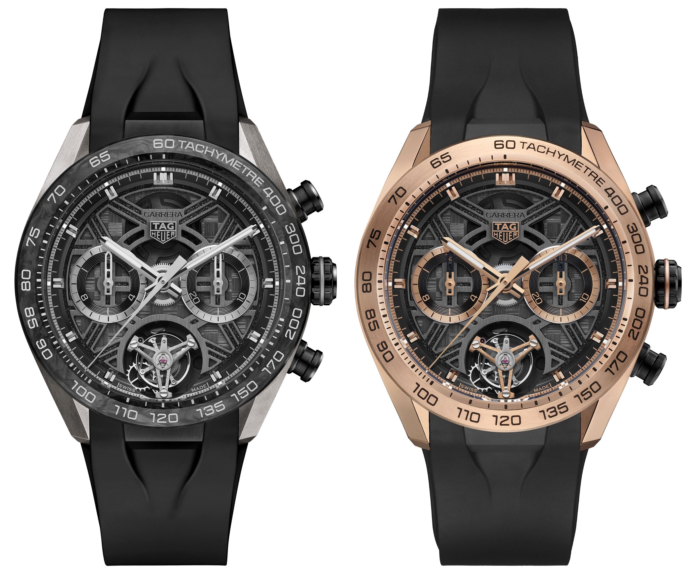Carrera Extreme Sport系列更高階的陀飛輪計時碼錶，定價分別為NT$858,100（左，鈦金屬版本）、NT$1,076,800（右，玫瑰金版本）。
