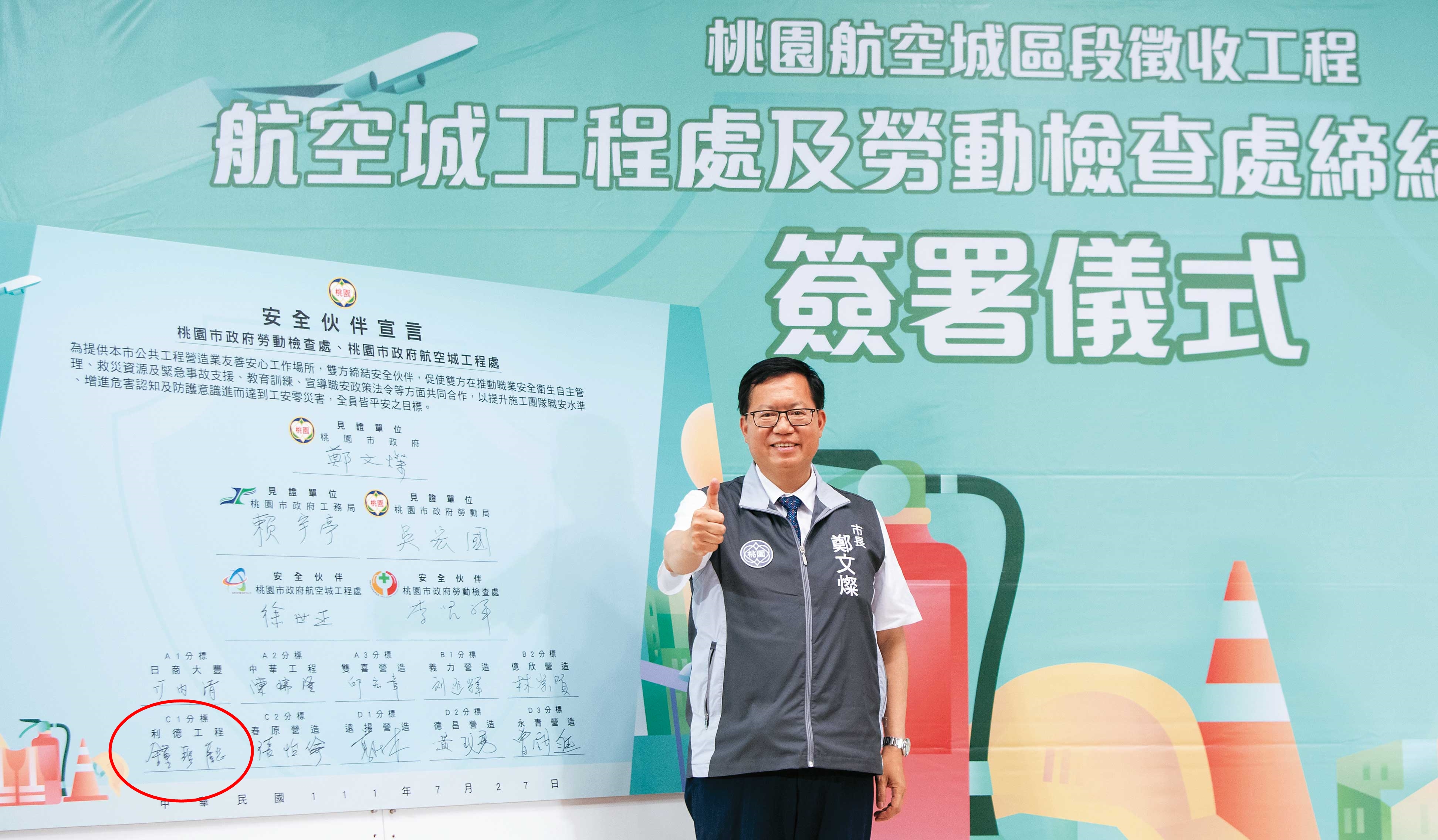 桃園市府在前市長鄭文燦（圖）時代，將航空城區段徵收工程發包給利德（紅圈處）等廠商。（翻攝桃園市政府官網）