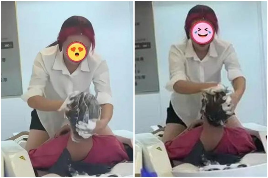 中國廣東某髮廊近日一段洗頭服務影片曝光，引發陸網友高度討論。（翻攝自微博）
