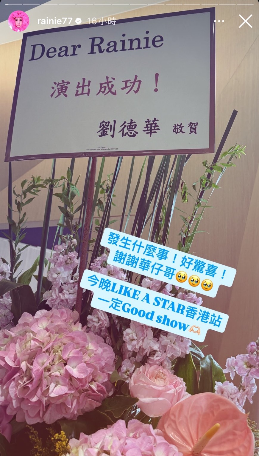 劉德華送花籃給楊丞琳,祝她演出成功。(翻攝楊丞琳IG)