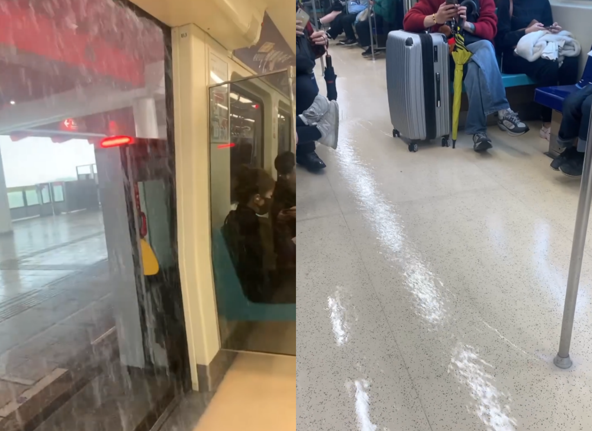 台北捷運淡水信義線今日上午因豪雨，而導致車廂內淹水。（翻攝自threads）