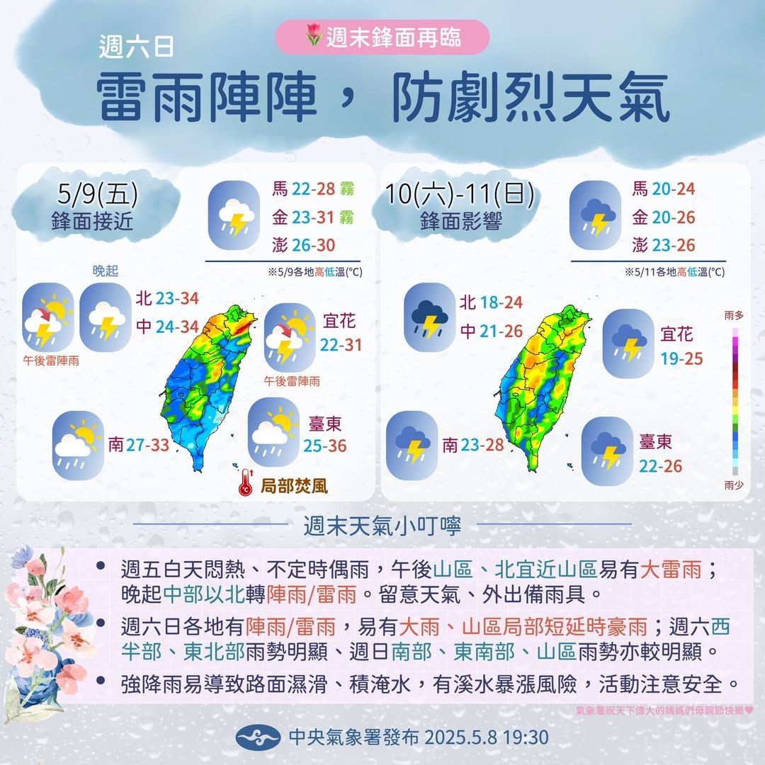 週末出遊應攜帶雨具，並嚴防強降雨。（中央氣象署提拱）