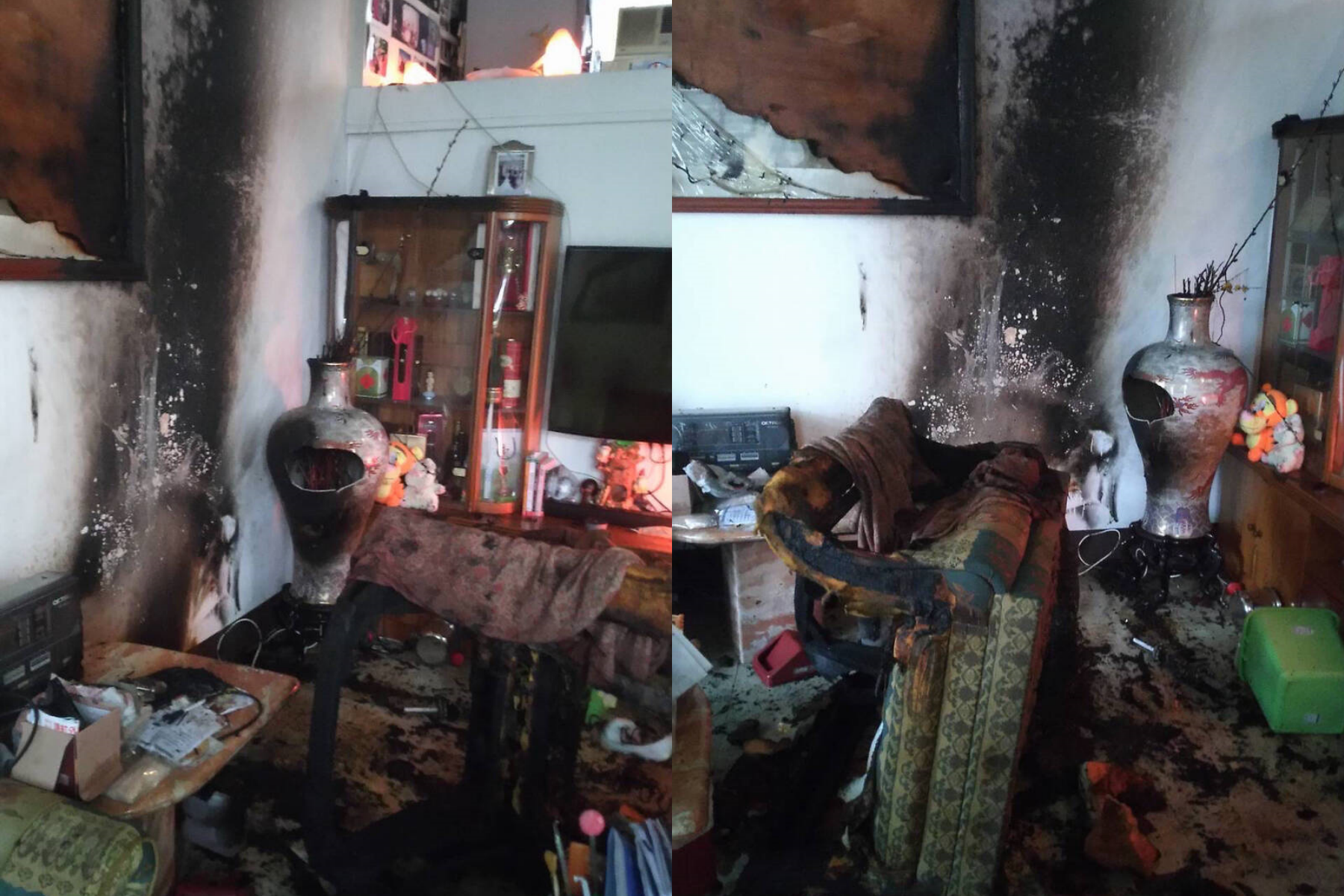 台中一對情侶在家中發生爭執，女方朝男方潑油點火，屋內物品被火勢燒毀及燻黑。（翻攝畫面）