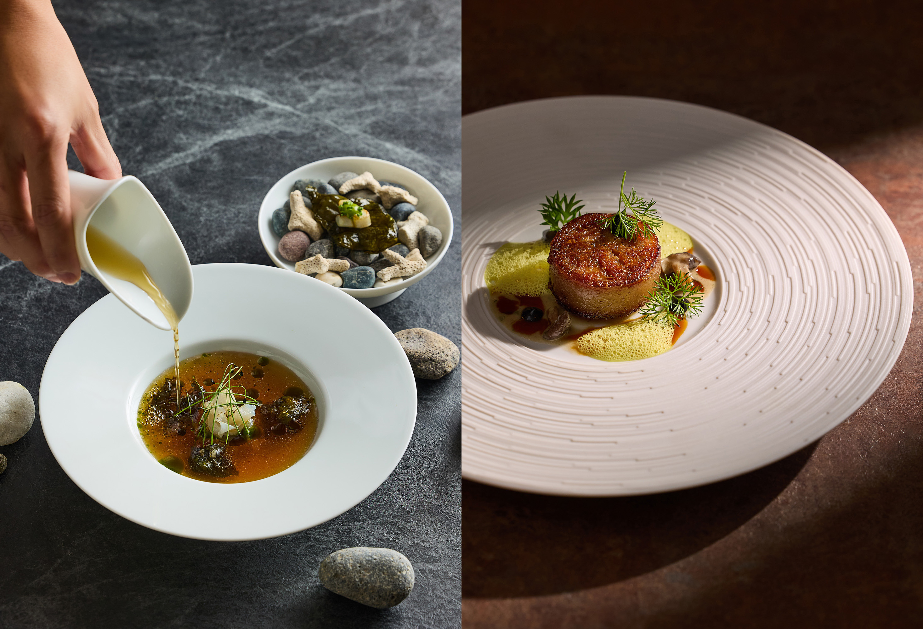 當代法式料理餐廳「le beaujour芃卓」推出秋季套餐「秋韻Autumn Rhythm」，透過視覺、嗅覺與味覺，將秋天的豐收與寂靜，化作一道道精緻料理。（le beaujour芃卓提供）