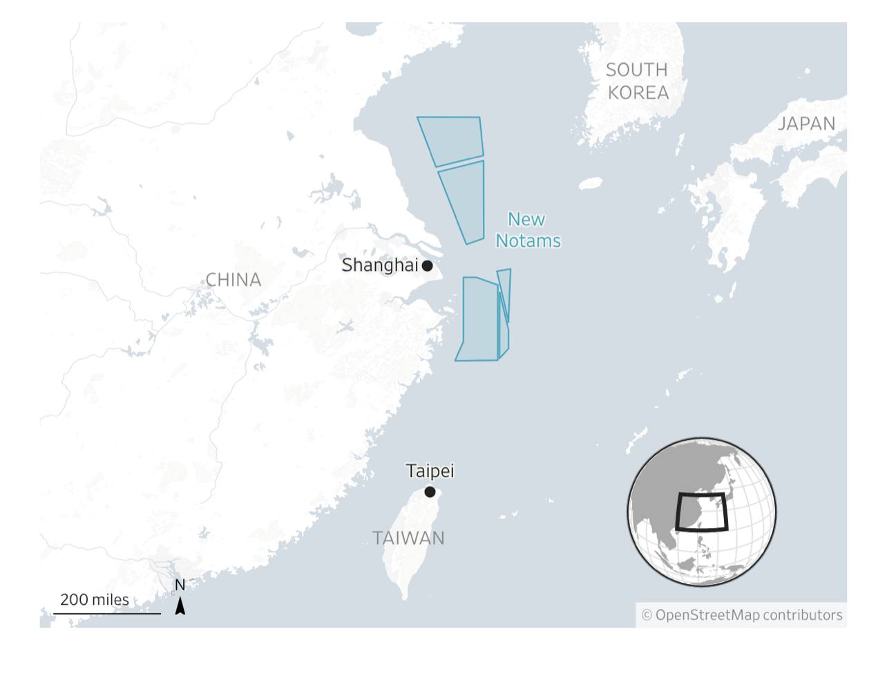 中國劃設多處空域警告區，橫跨黃海至東海、鄰近日韓海域，分布沿第一島鏈展開。此次限制長達40天，且高度涵蓋自地面至無上限，引發戰略意圖解讀。（華爾街日報）
