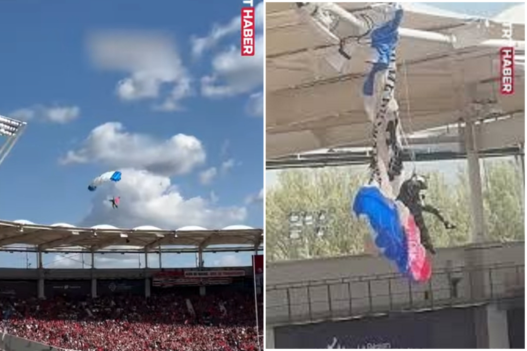 驚悚！球賽開幕表演跳傘失敗，人員懸吊球場屋頂30分鐘。（翻自TRT Haber）