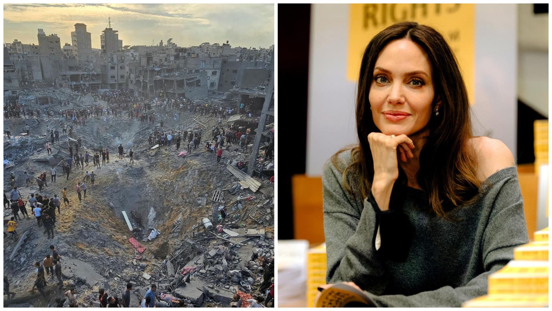 裘莉（右圖）在IG貼出遭以色列空襲後的賈巴利亞難民營（左圖），痛批這是蓄意轟炸。（翻攝Angelina Jolie IG）