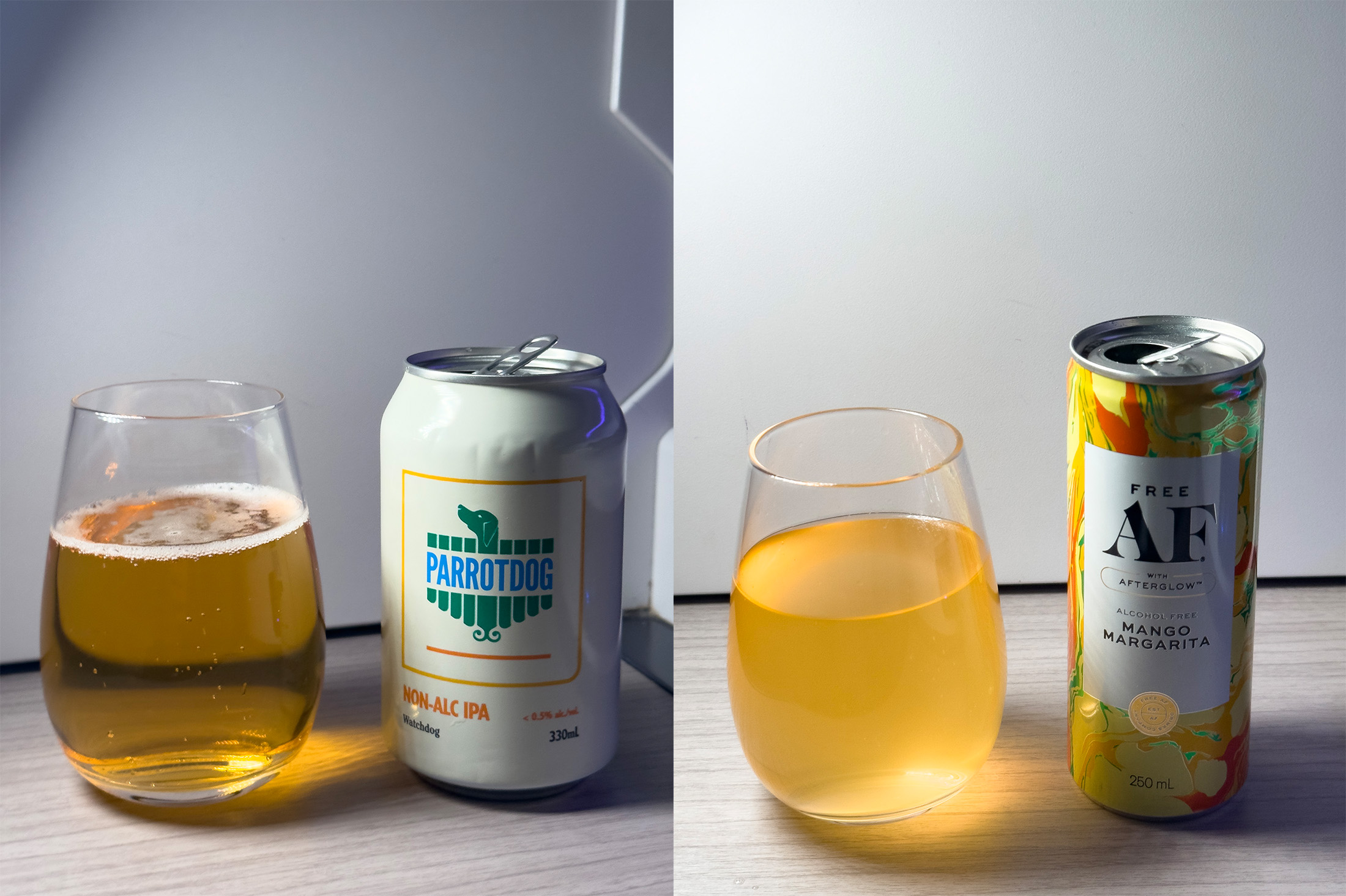 除了酒精飲品，機上也提供Parrotdog Watchdog Non-AIc IPA（左）、Free AF芒果瑪格麗塔（右）等無酒精選擇。