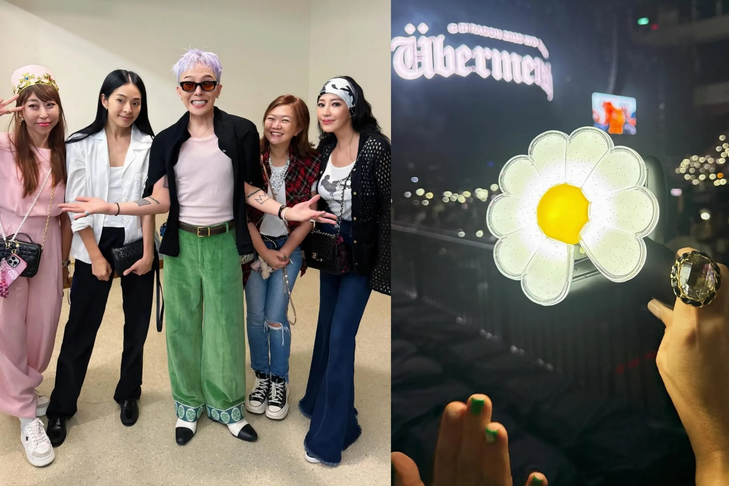 關穎（左圖右）率時尚名媛貴婦團去朝聖GD（左圖中）演唱會，還親自到後台合照。翻攝IG@kwanterri