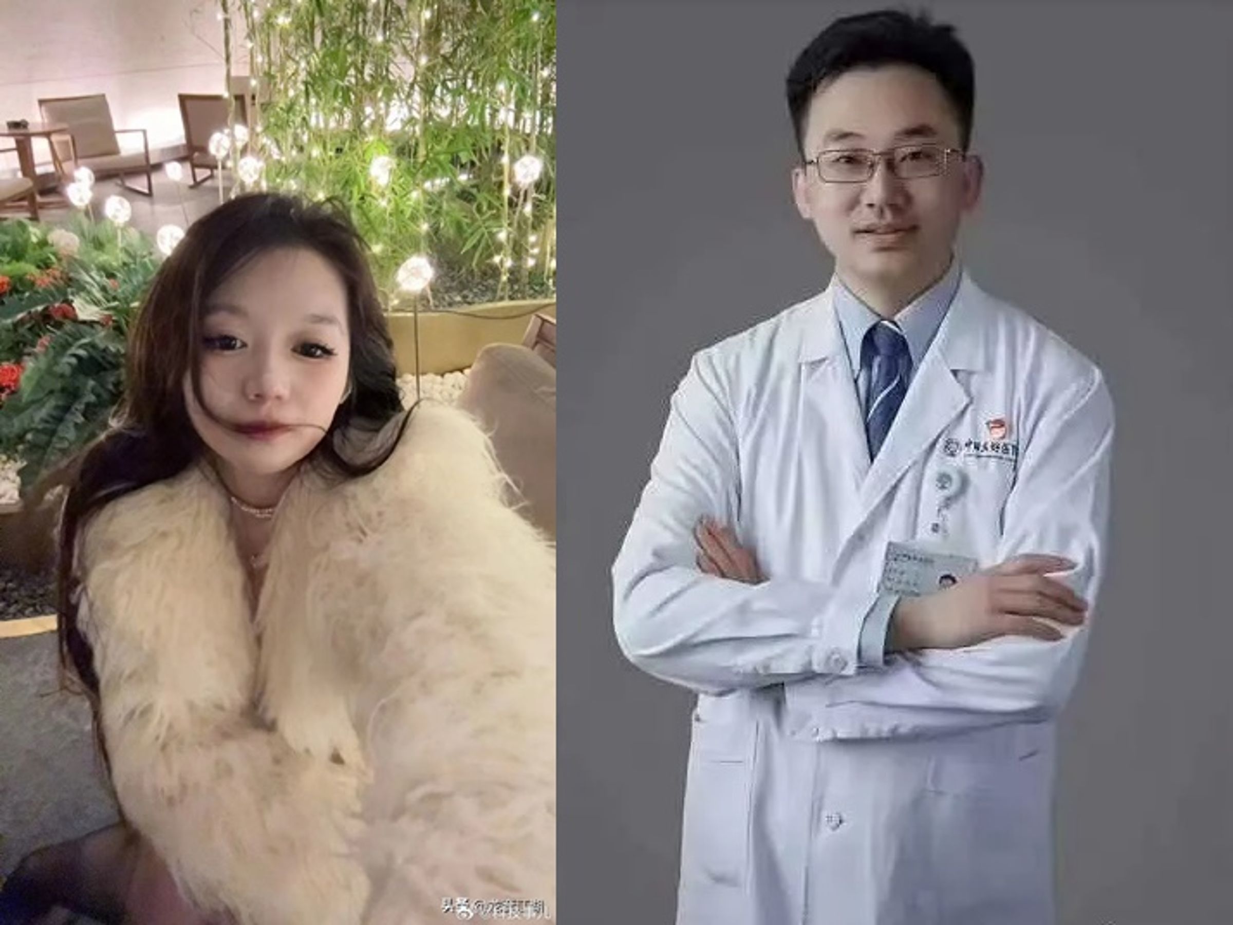 北京中日友好醫院一名外科醫師肖飛（右）被妻子實名舉報，婚內出軌多名女子，其中一名女子董襲瑩（左）的經歷也引發譁然。（翻攝自微博）