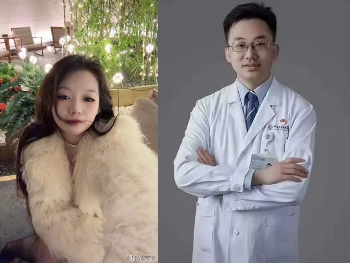 北京中日友好醫院一名外科醫師肖飛（右）被妻子實名舉報，婚內出軌多名女子，其中一名女子董襲瑩（左）的經歷也引發譁然。（翻攝自微博）