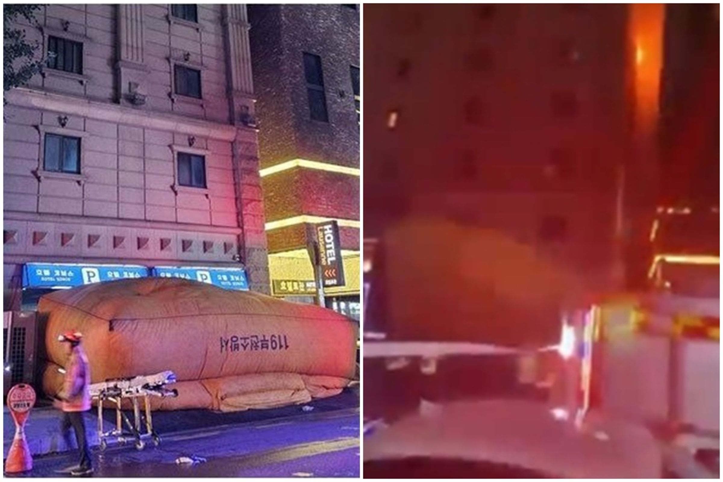 韓國京畿道富川市某觀光飯店發生火警,其中2名住宿客先後跳樓逃生,卻因氣墊翻轉而導致彈飛慘死。(翻攝自X)