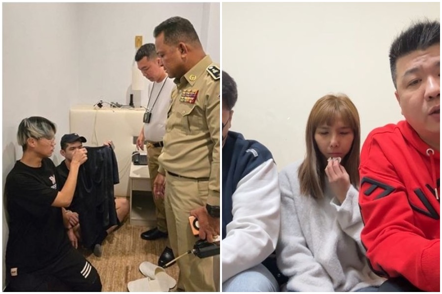 網紅晚安小雞、阿鬧2人在柬埔寨自導自演拍攝綁架凌虐影片，晚安小雞的老婆「愛婆」（右中）似乎並非不知情。（翻攝自Fresh News、臉書）