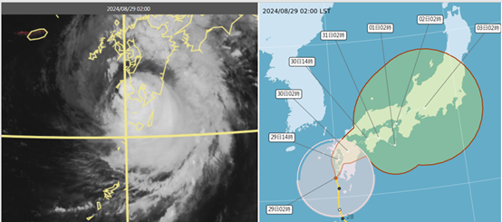 今日2時真實色雲圖顯示，「珊珊」逼近九州，在鹿兒島西側近海，颱風眼已漸模糊（左圖）。今日2時中央氣象署「路徑潛勢預測圖」（右圖）顯示，中颱「珊珊」在日本九州西側近海，偏北逐漸轉向偏東，因導引氣流弱、且多變，移速不快、路徑的「不確定性」加大（右圖紅框）。（翻攝自三立準氣象.老大洩天機）