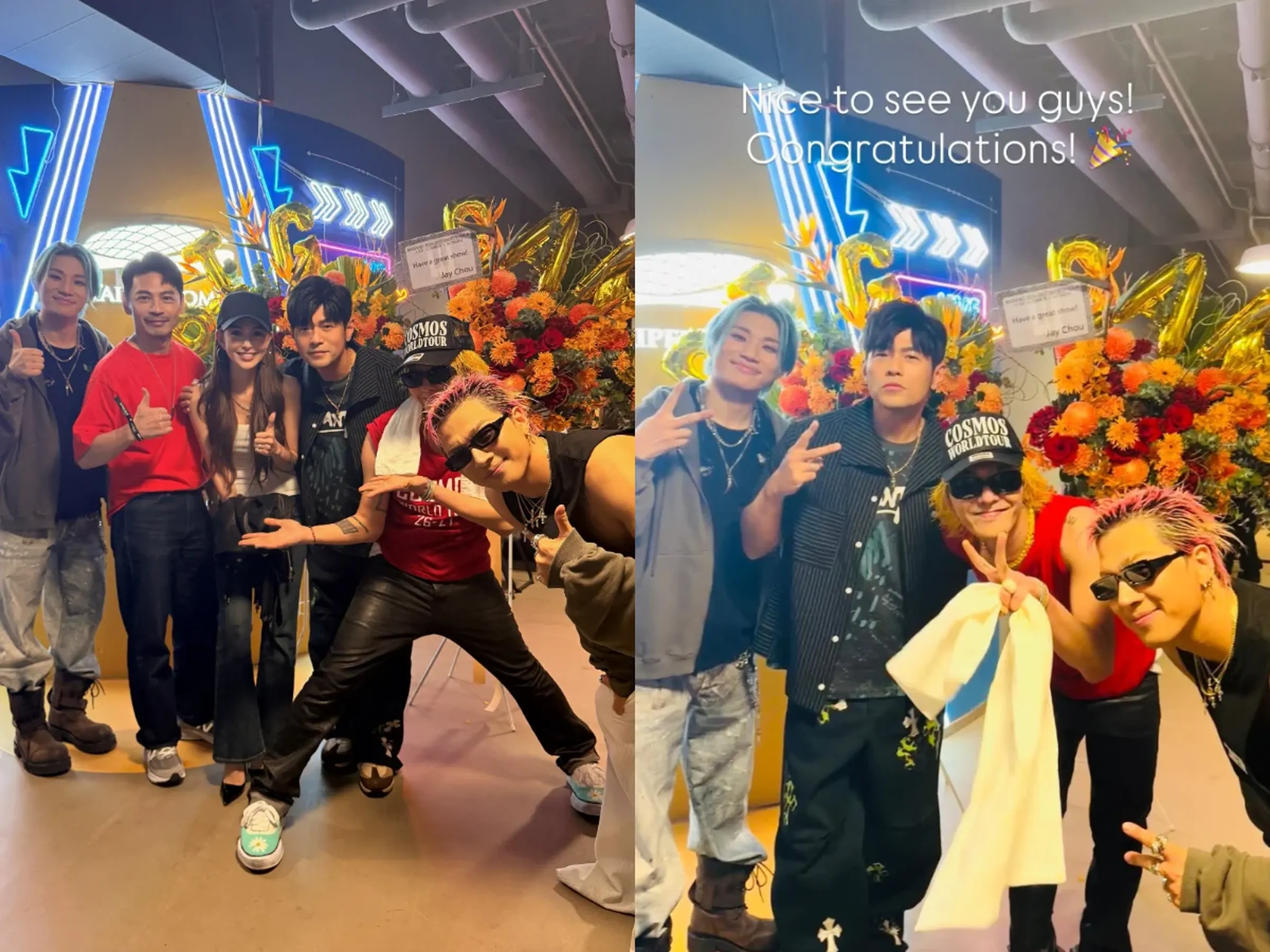 周杰倫至大巨蛋看BIGBANG演唱會,與昆凌及阿Ken一起與天團合照。(IG)