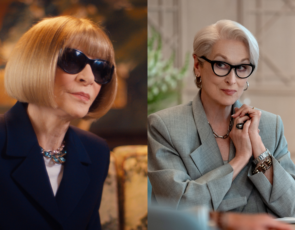 美版《Vogue》總編安娜溫圖（左）與梅莉史翠普（右）飾演《伸展台》雜誌總編米蘭達，難得同台對談。（Disney+、20世紀影業提供）