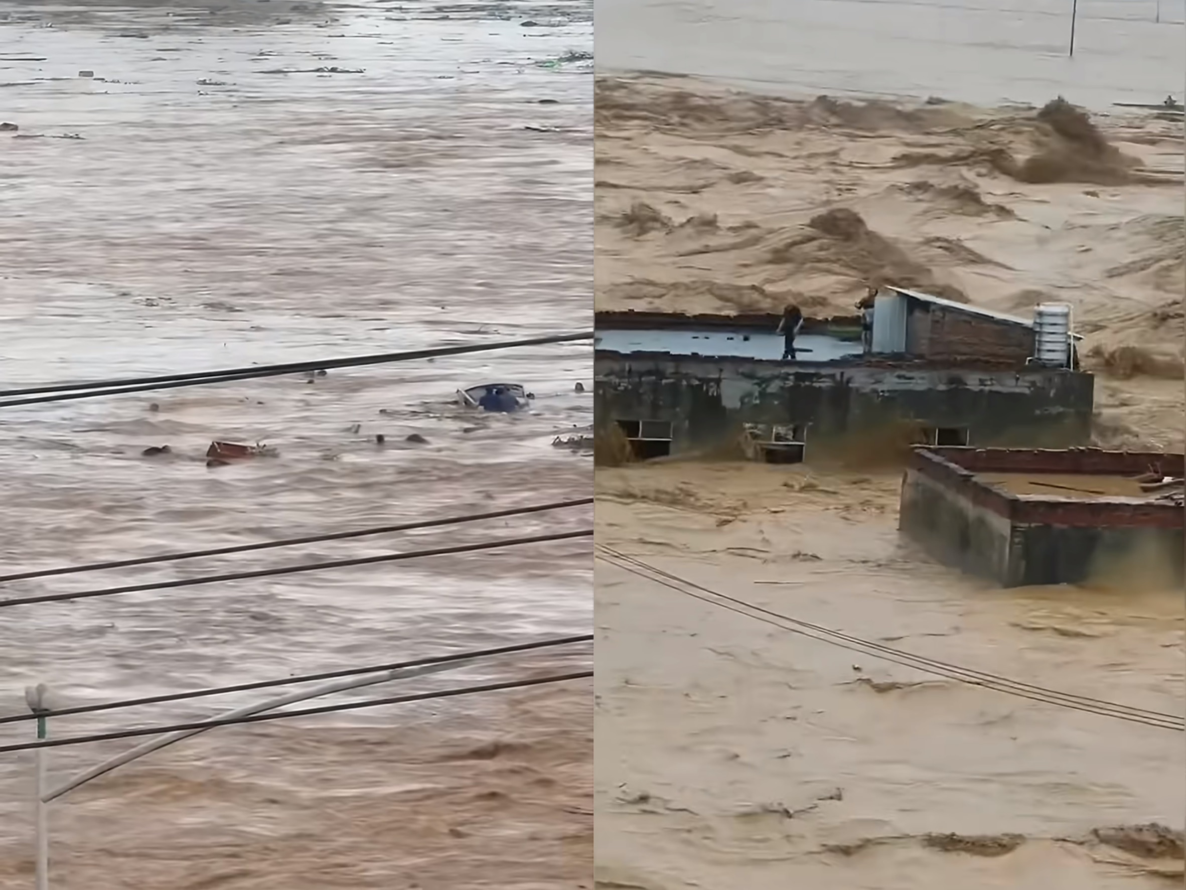 中國廣西六藍水庫驚傳潰堤,不少居民遭洪水沖走或受困屋頂。(翻攝自微博)