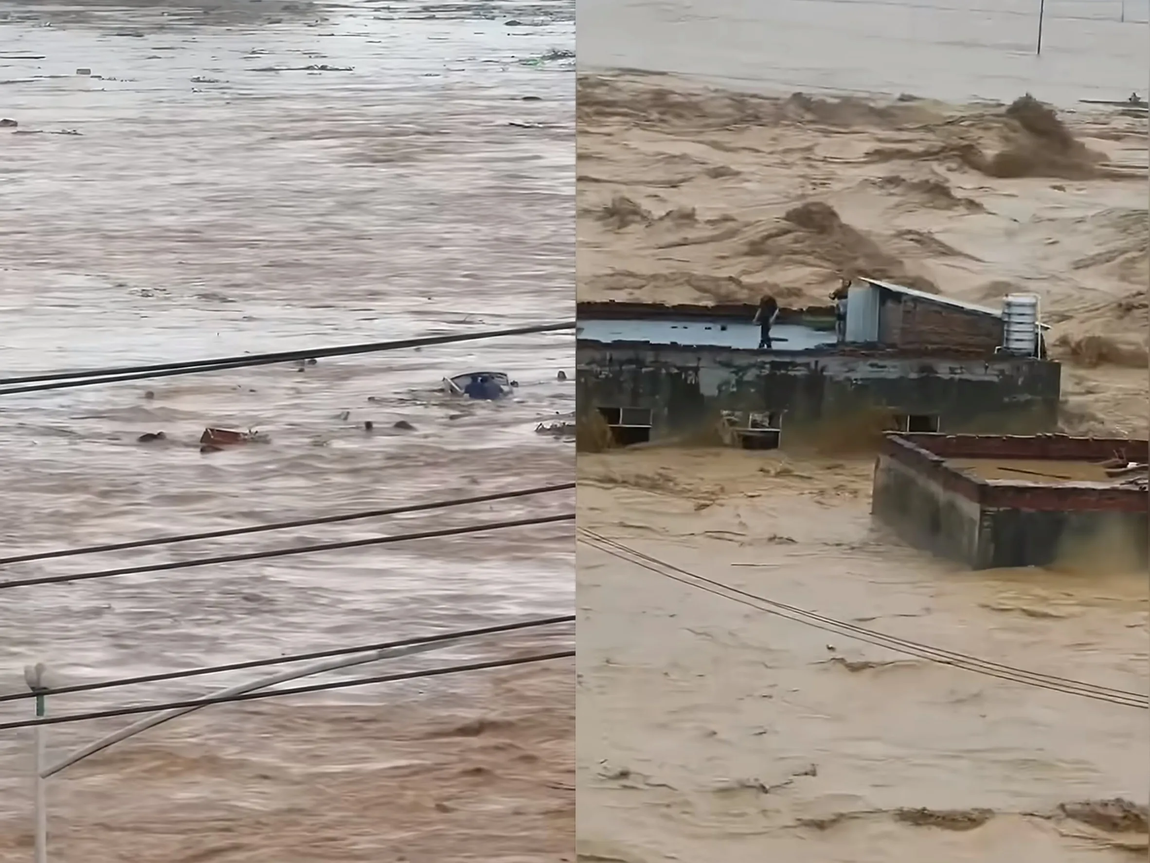 中國廣西六藍水庫驚傳潰堤，不少居民遭洪水沖走或受困屋頂。（翻攝自微博）