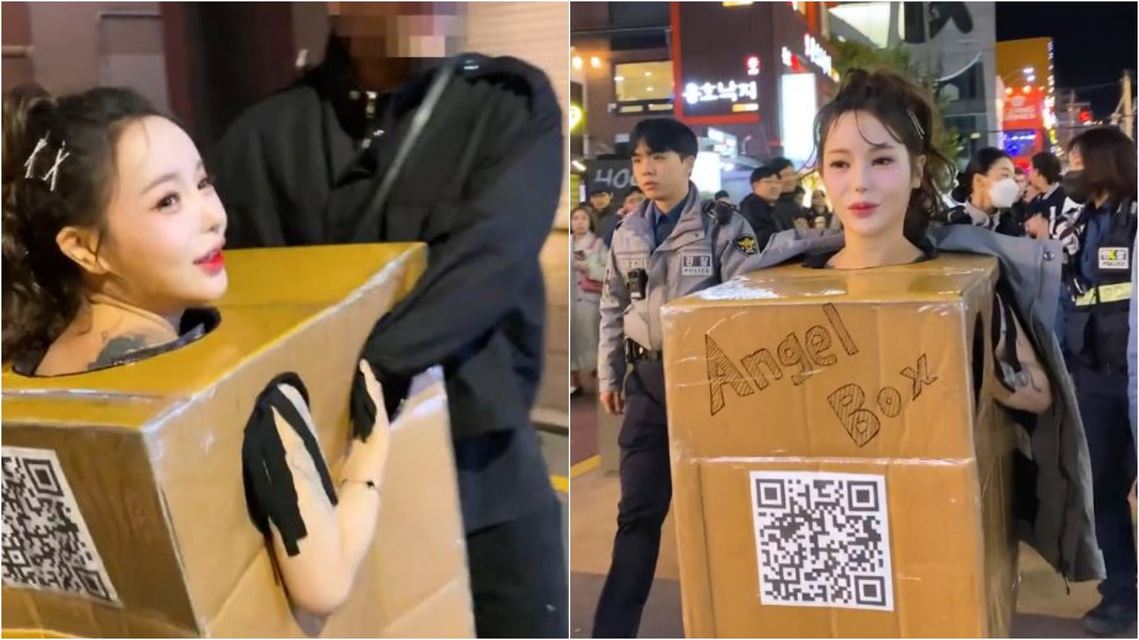 韓國網紅Ain穿「摸乳箱」開放路人隨意摸奶。（翻攝IG）