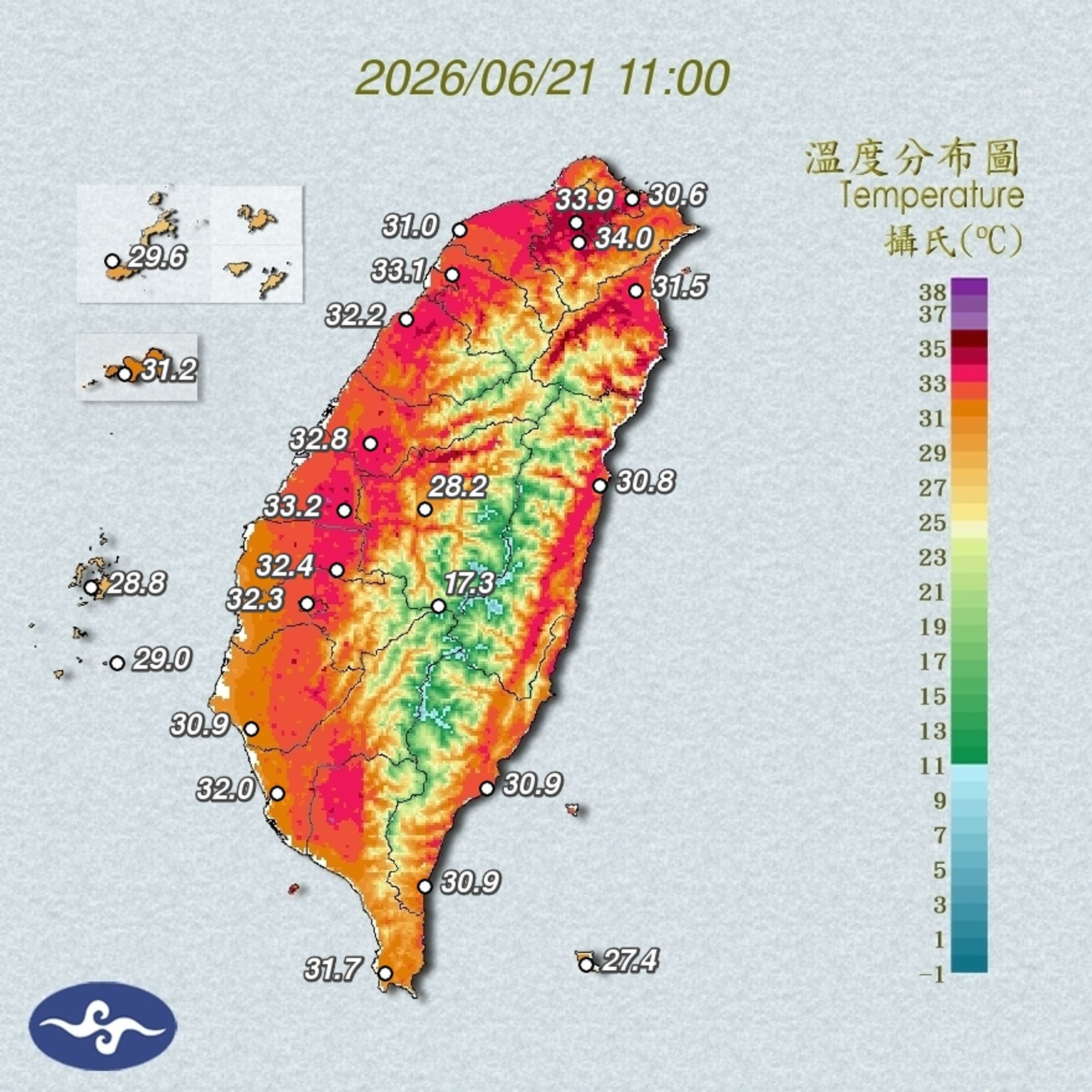 全台熱成「夯番薯」。（翻攝自中央氣象署官網）