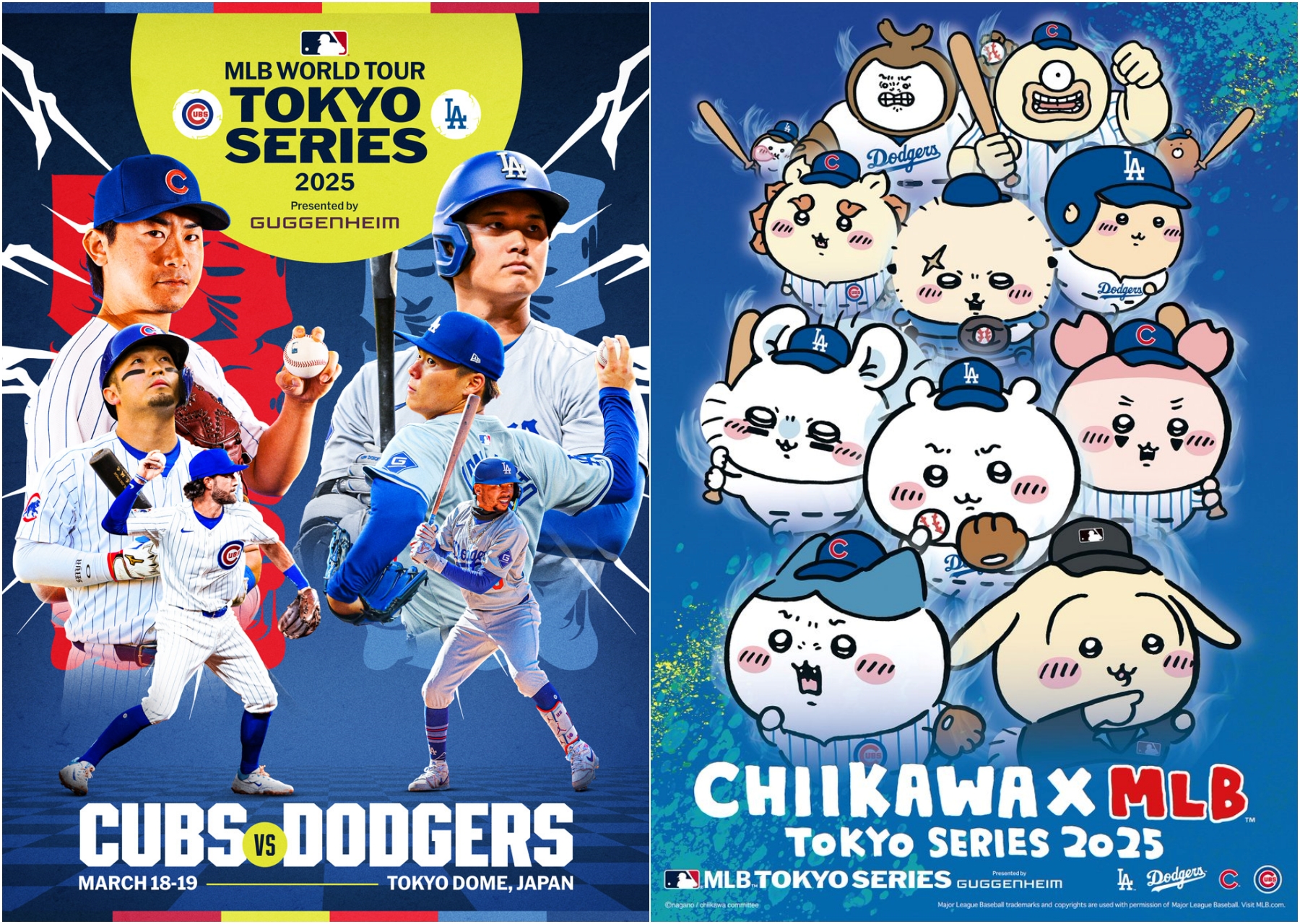 MLB道奇、小熊隊3月要到日本東京打海外開幕戰，吉伊卡哇也將夢幻聯動。（翻攝自MLB東京系列賽官網／吉伊卡哇官方X）