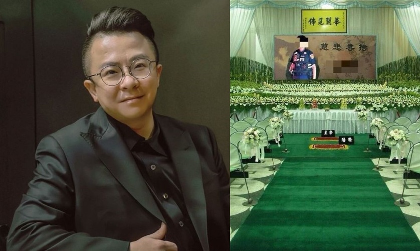 疲老闆（左）貼出靈堂合成照，點名3名疑似婚外情男子。（翻攝自疲老闆臉書）