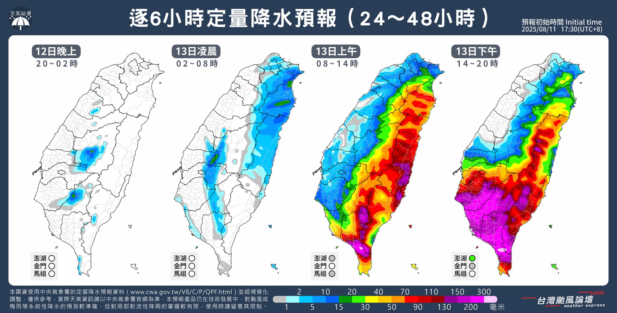 氣象粉專指出,最新降雨預測。(翻攝自臉書@台灣颱風論壇|天氣特急)