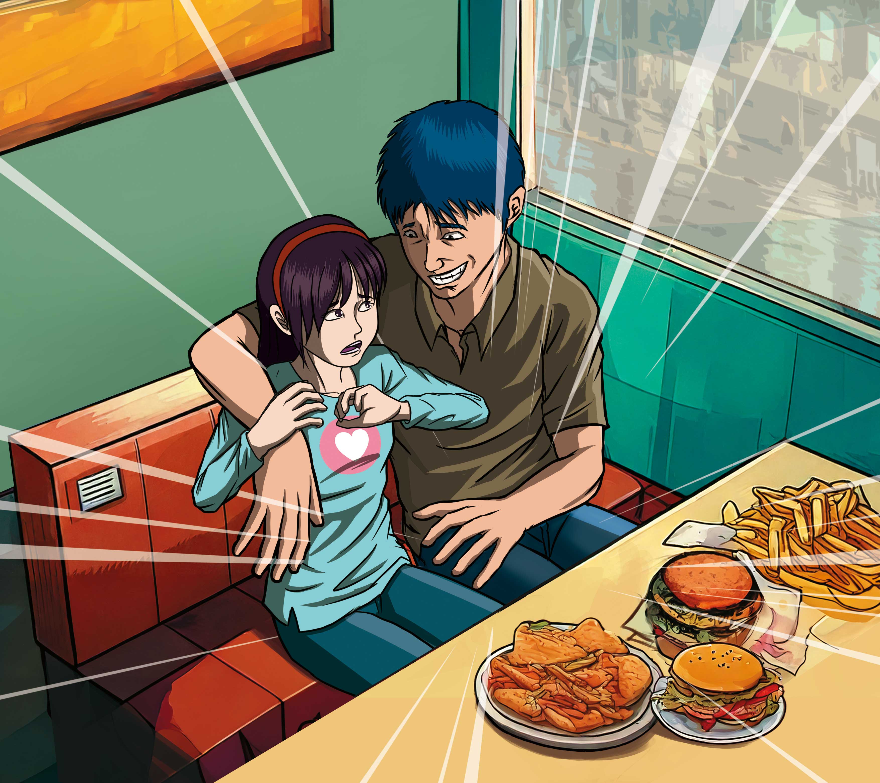 有兒少性剝削前科的老師（右）到補習班任教後，竟對一名女童襲胸。（示意畫面，AI繪圖Adobe Firefly生成，本刊美術組後製）