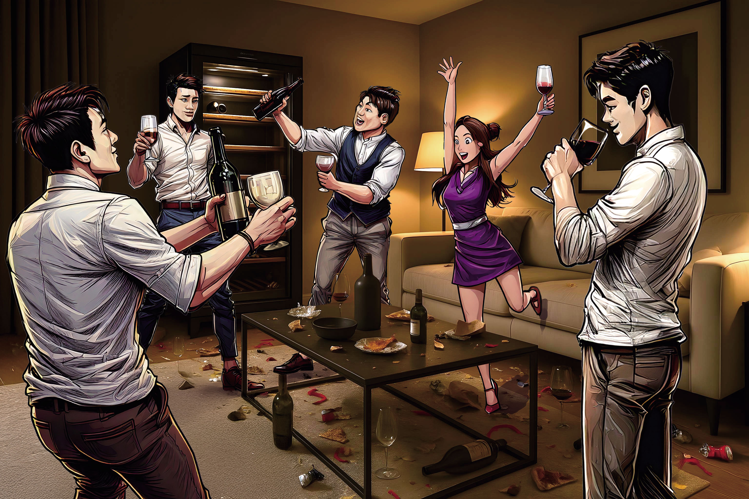 郭岱琦借住朋友家，卻找來其他朋友開趴，把屋子弄得亂七八糟。（AI繪圖Adobe Firefly生成，本刊美術組後製）