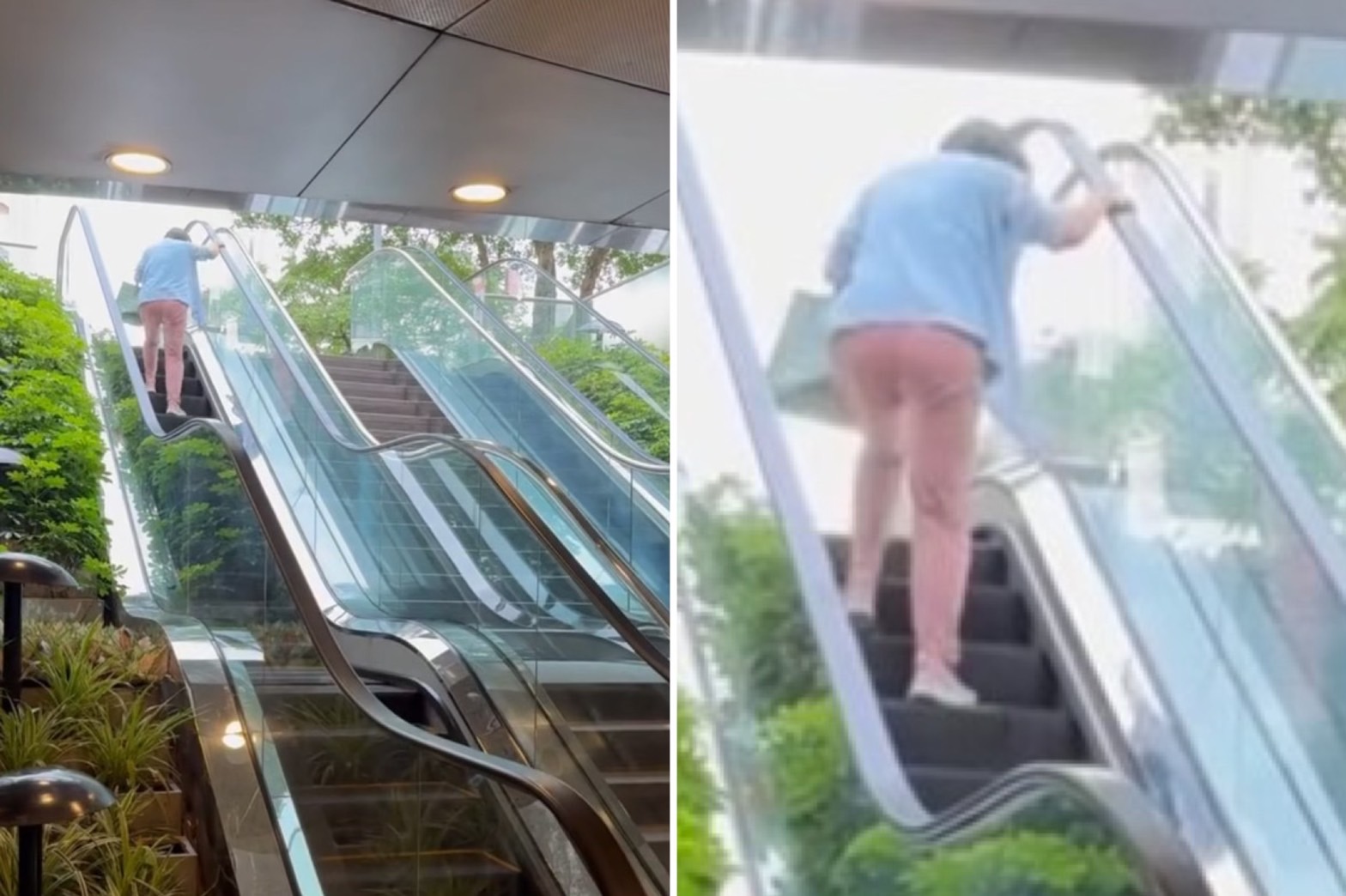 漢光演習她搭手扶梯「瘋狂倒退」，就怕被罰15萬元。（翻攝Threads）