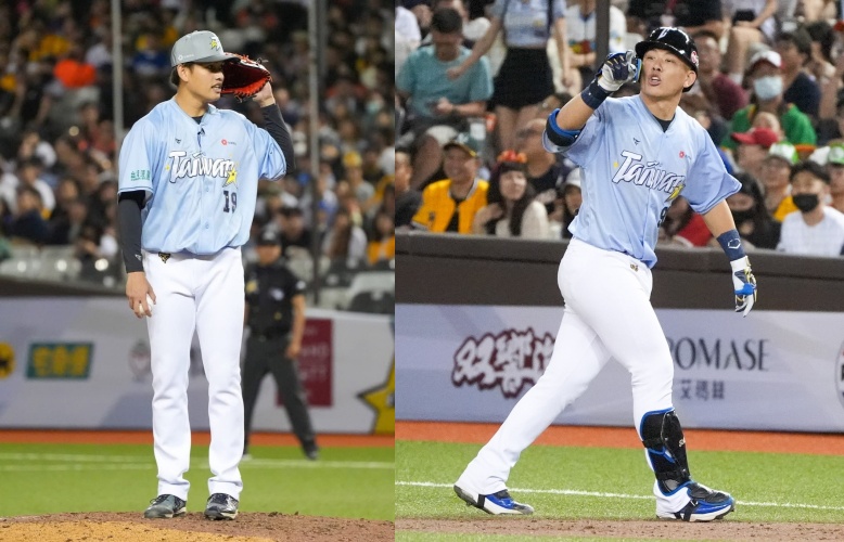 配球靠嘴？張奕明星賽成「Mic控投手」，讓捕手戴培峰哭笑不得。（翻攝自臉書 @Fubon Guardians 富邦悍將棒球隊）