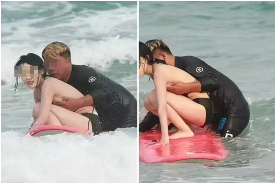 教練貼心的用「龍爪手」護住正妹的胸部。（翻攝自X）