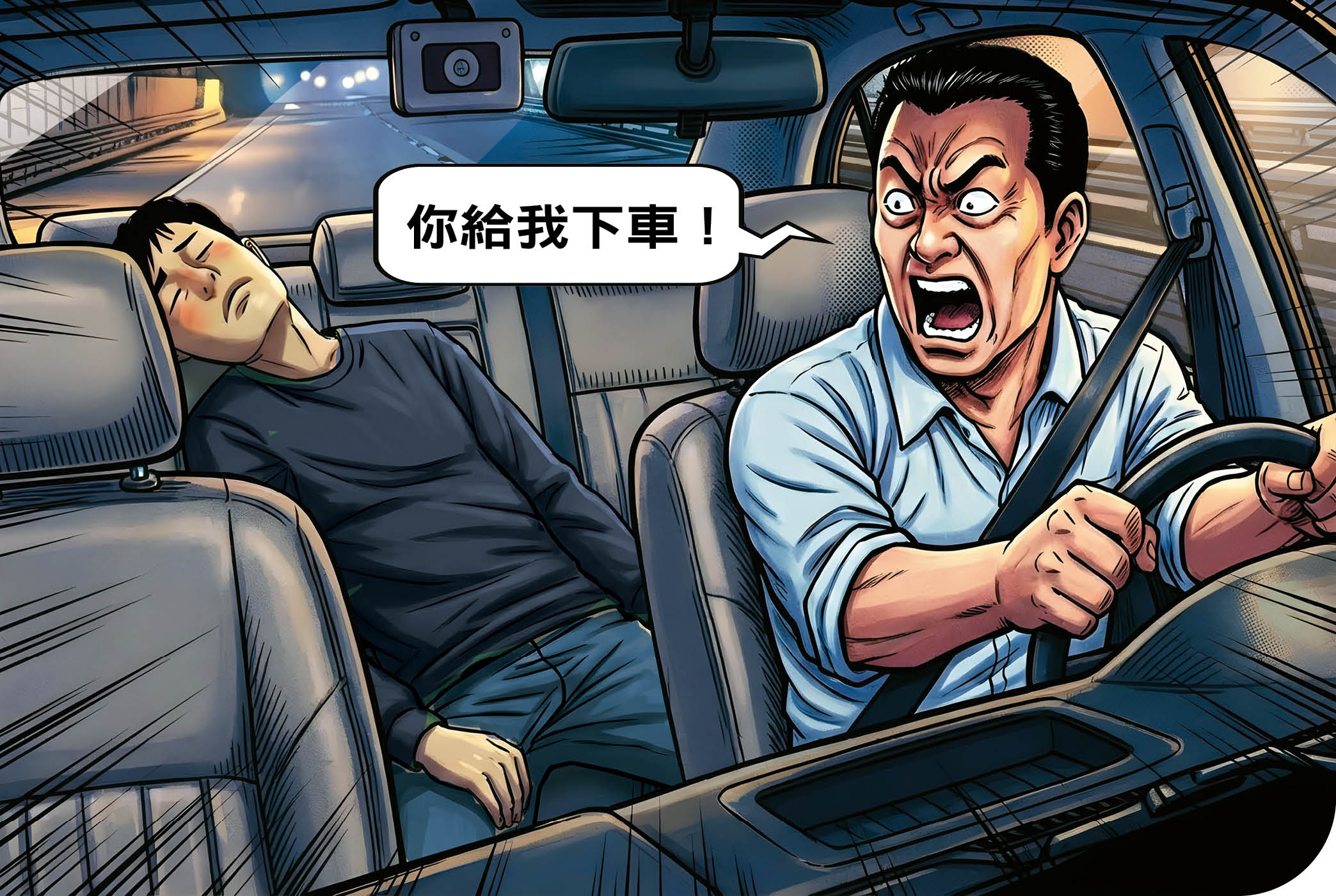 司機林宇浚供稱溫男狂踢椅背，雙方口角，但事實上溫男全程都沒說話。（AI繪圖FREEPIK生成，本刊美術組後製）