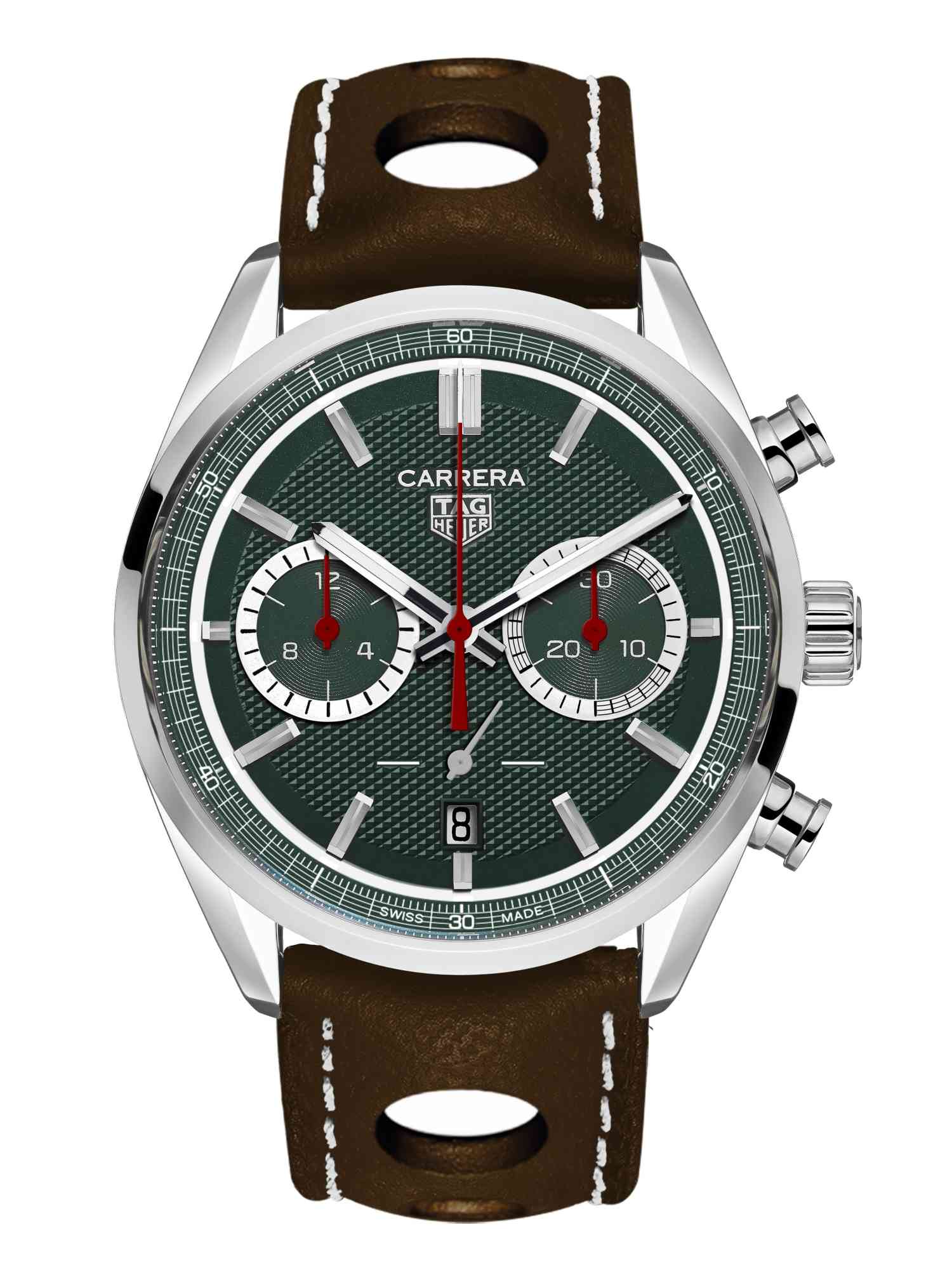 TAG HEUER Carrera Chronograph x Festival of Speed 泰格豪雅重返英國「古德伍德速度節」(Goodwood Festival of Speed),擔任官方計時合作夥伴,為此特別推出這款限量錶,以Carrera計時腕錶為基礎,採用英國「賽車綠」面盤,錶面飾以精緻的巴黎釘紋,並點綴紅色細節,搭配棕色皮革錶帶,呼應1970年代賽車黃金年代的風采。搭載品牌自製TH20-00機芯,配備42毫米錶殼。 功能:時、分、小秒針指示;日期顯示;計時碼錶 機芯:自動上鏈機芯 定價:約6,540英鎊(限量100只)