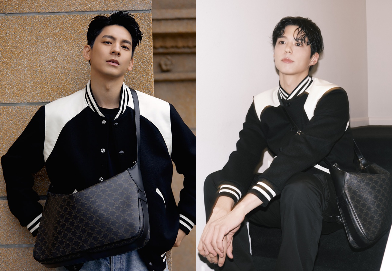 林柏宏（左起）與朴寶劍穿上CELINE同樣的皮革拼接羊毛TEDDY夾克與春夏新包款ROMY，到底誰最迷人好看？（CELINE HOMME提供）