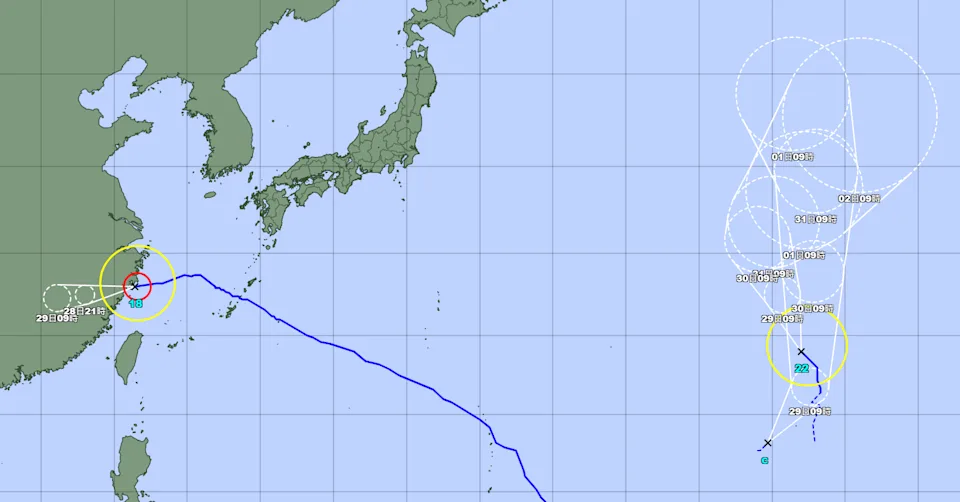 位於威克島附近海面的熱帶性低氣壓，在中午增強為今年第22號颱風「班朗」。（翻攝自日本氣象廳）